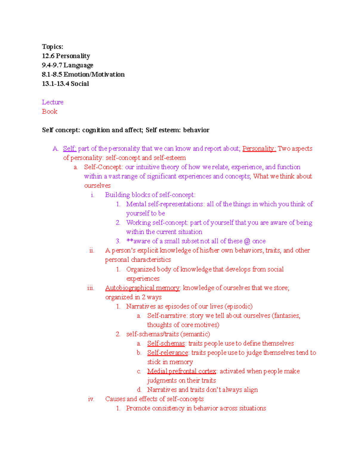 Psych exam 4 study guide - Topics: 12 Personality 9.4-9 Language 8.1-8 ...