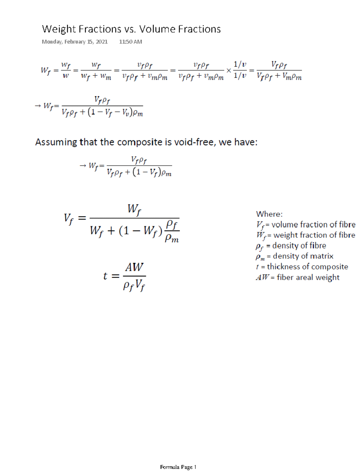 Formula Weight Fractions vs. Volume Fractions Monday, February 15