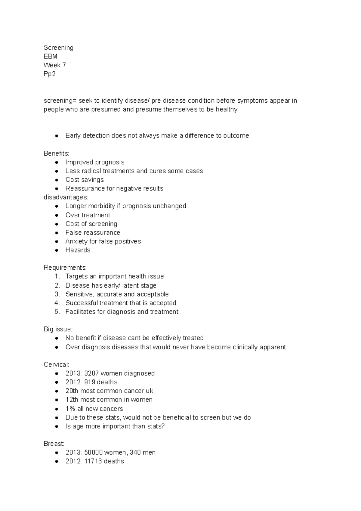 Cancer screening lecture notes - Screening EBM Week 7 Pp screening ...