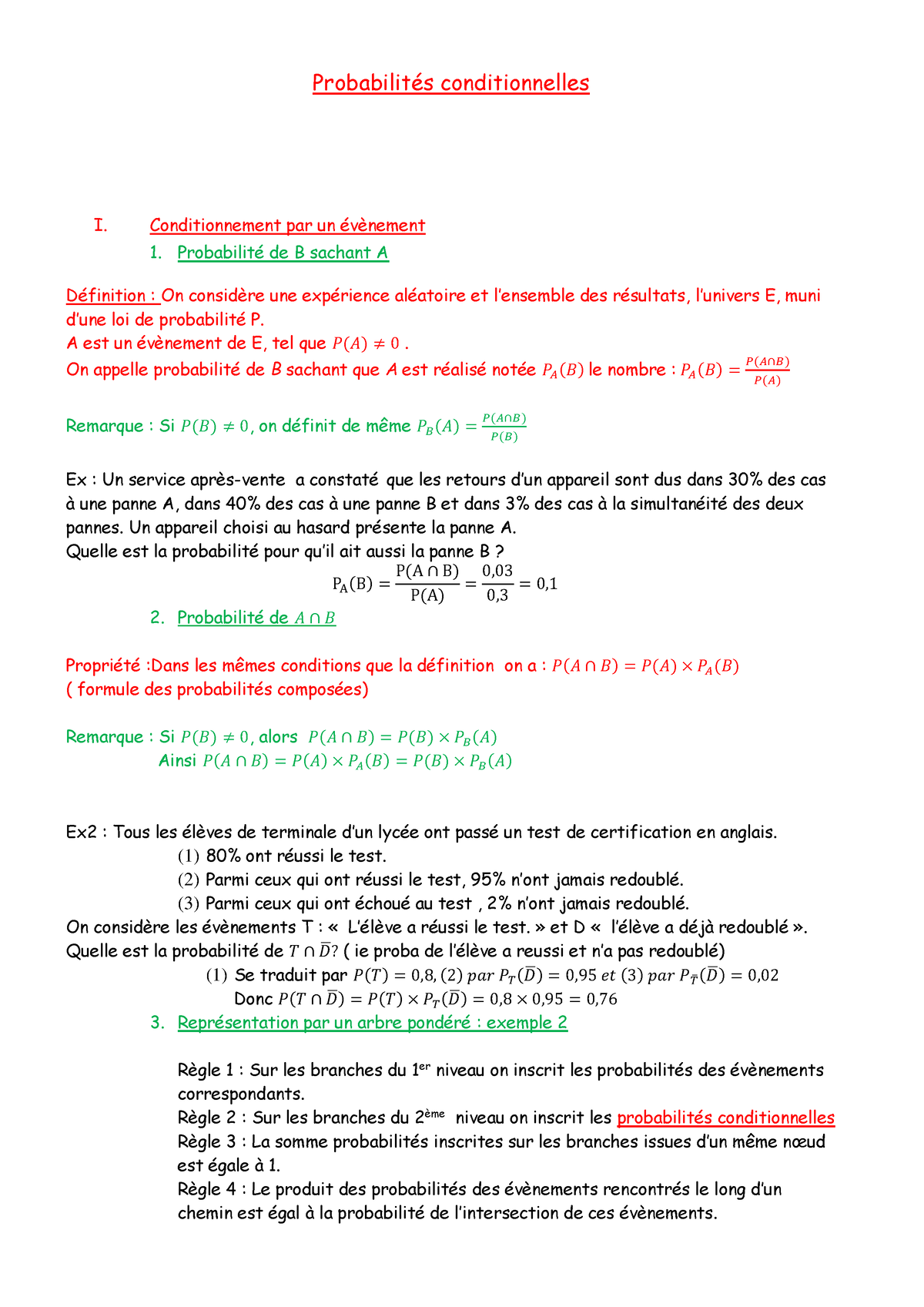 Cours Proba Conditionnelles - Probabilités Conditionnelles I ...