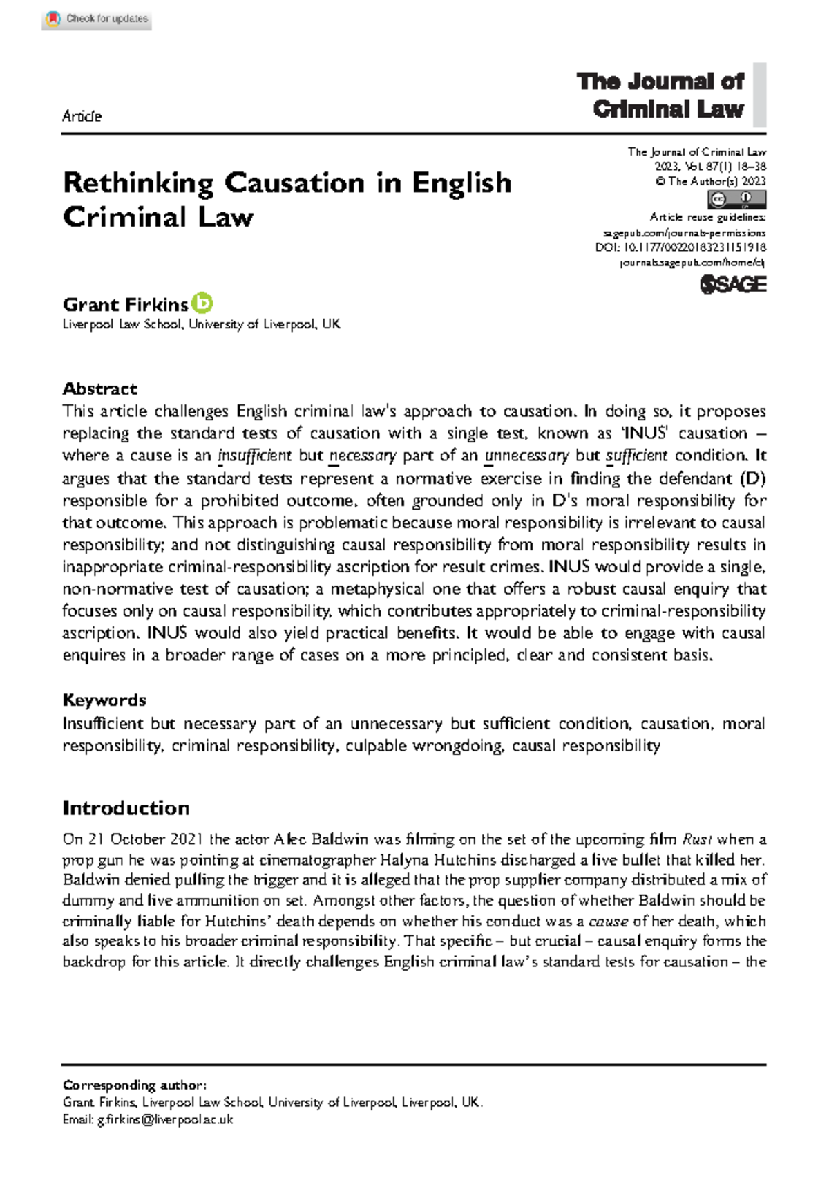 Firkins 2023 rethinking causation in english criminal law Rethinking