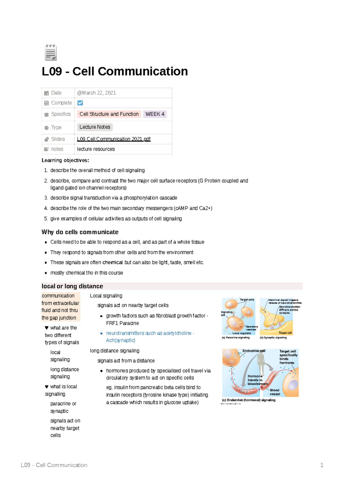 Lecture 9 Cell Communication (module 2) 🗒 L09 Cell Communication