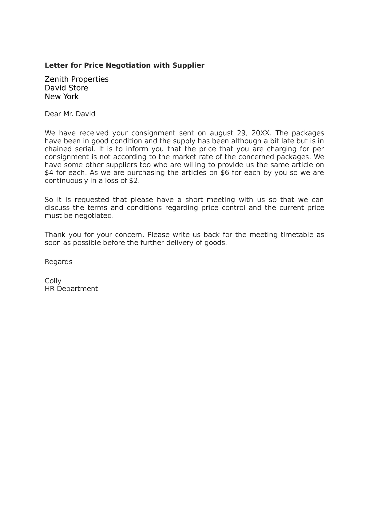 Sample Letter Procurement Letter For Price Negotiation With Supplier 