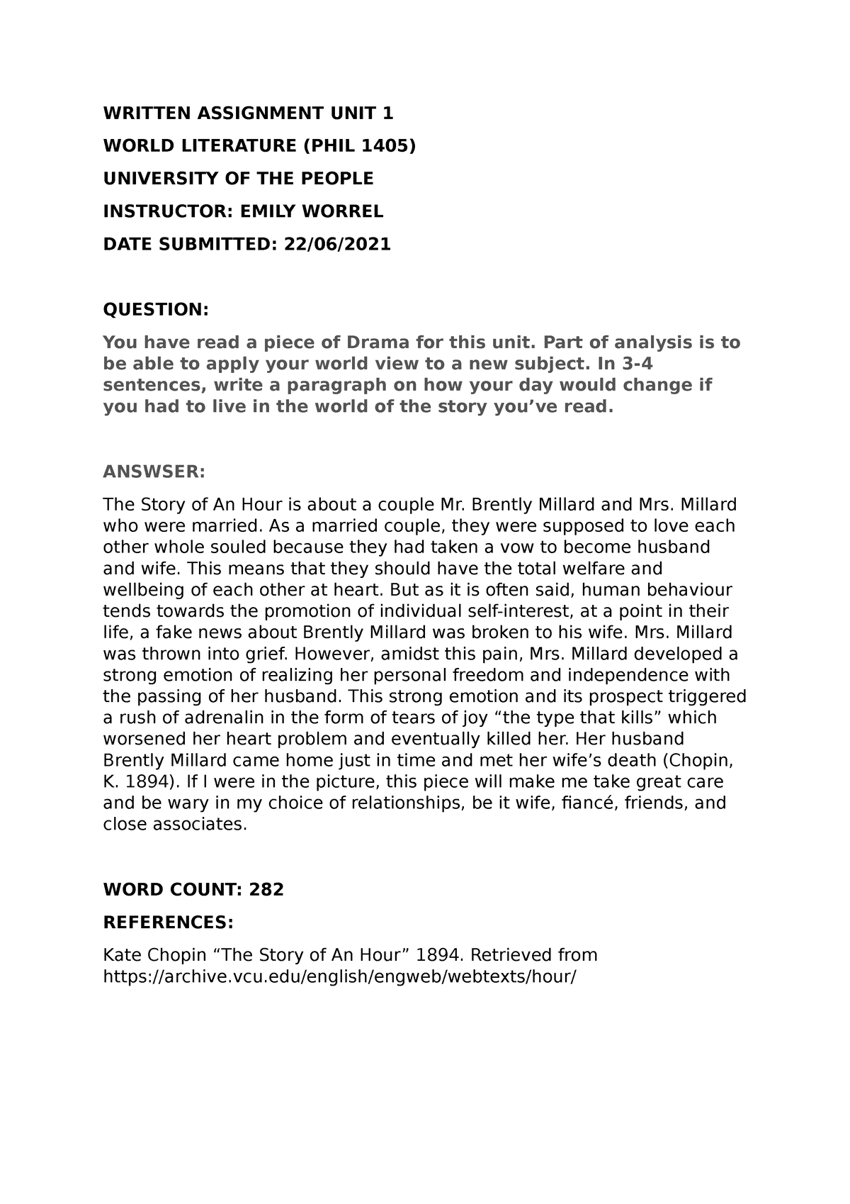 Written Assignment UNIT 1 ENGL 1405 - WRITTEN ASSIGNMENT UNIT 1 WORLD ...