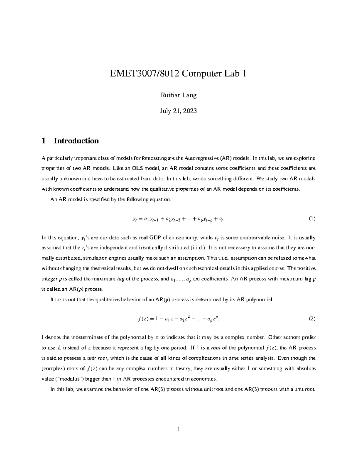 Lab1 - computer lab 1 - EMET3007/8012 Computer Lab 1 Ruitian Lang July ...