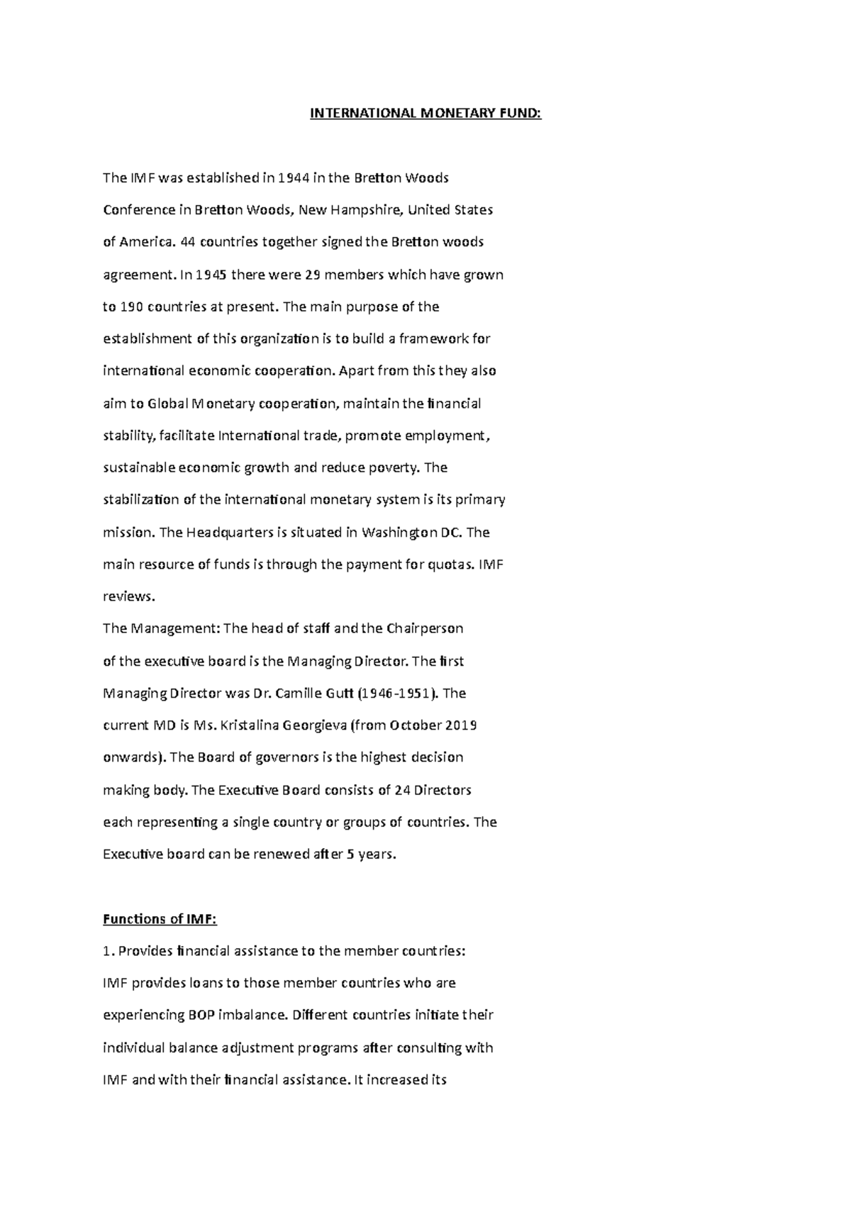 If 6 - Lecture note - INTERNATIONAL MONETARY FUND: The IMF was ...