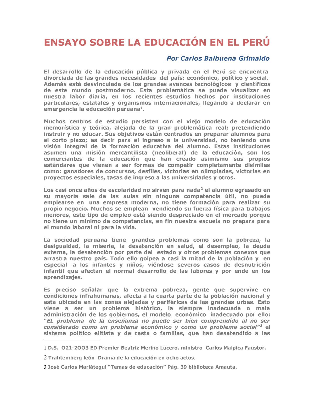 Ensayo Sobre La Educacion En El Peru Ensayo Sobre La EducaciÓn En El PerÚ Por Carlos Balbuena 