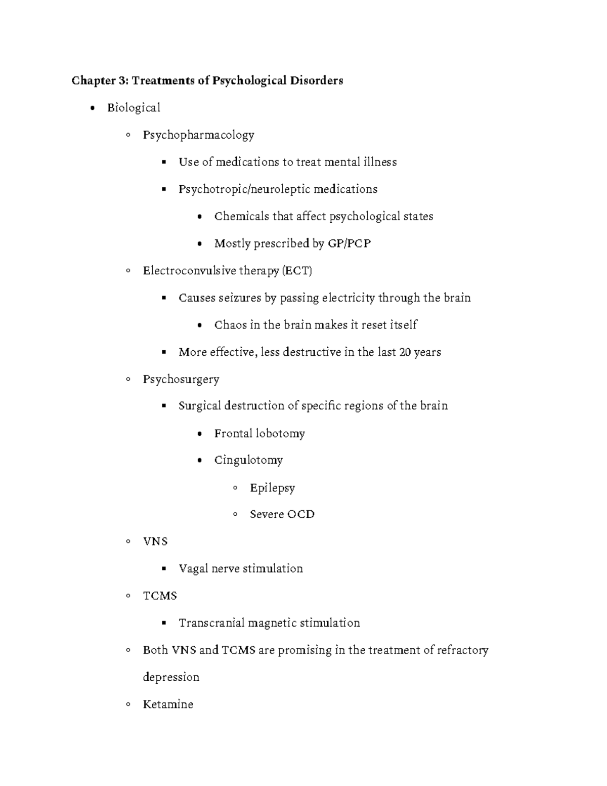 Chapter 3 lecture notes - Chapter 3: Treatments of Psychological ...