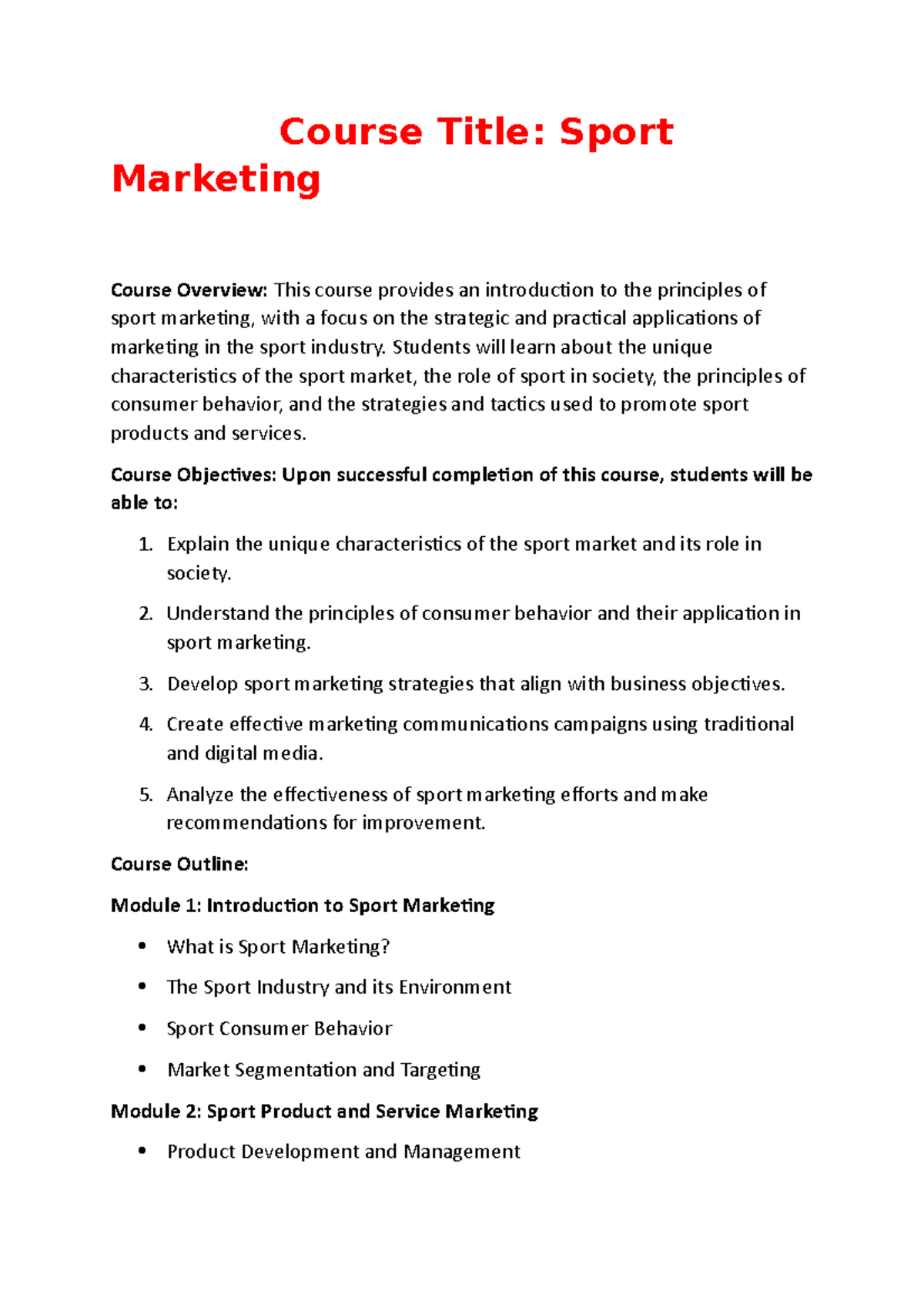 Sport Marketing3 MRK Course Title Sport Marketing Course Overview