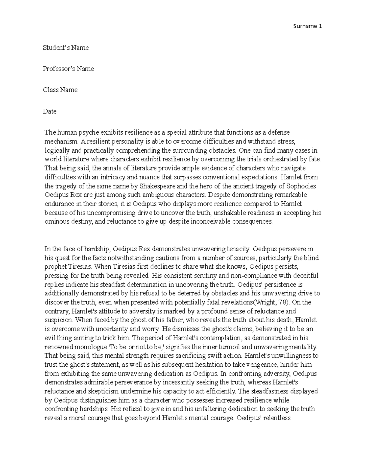 Hamlet The description of other factors that define the report