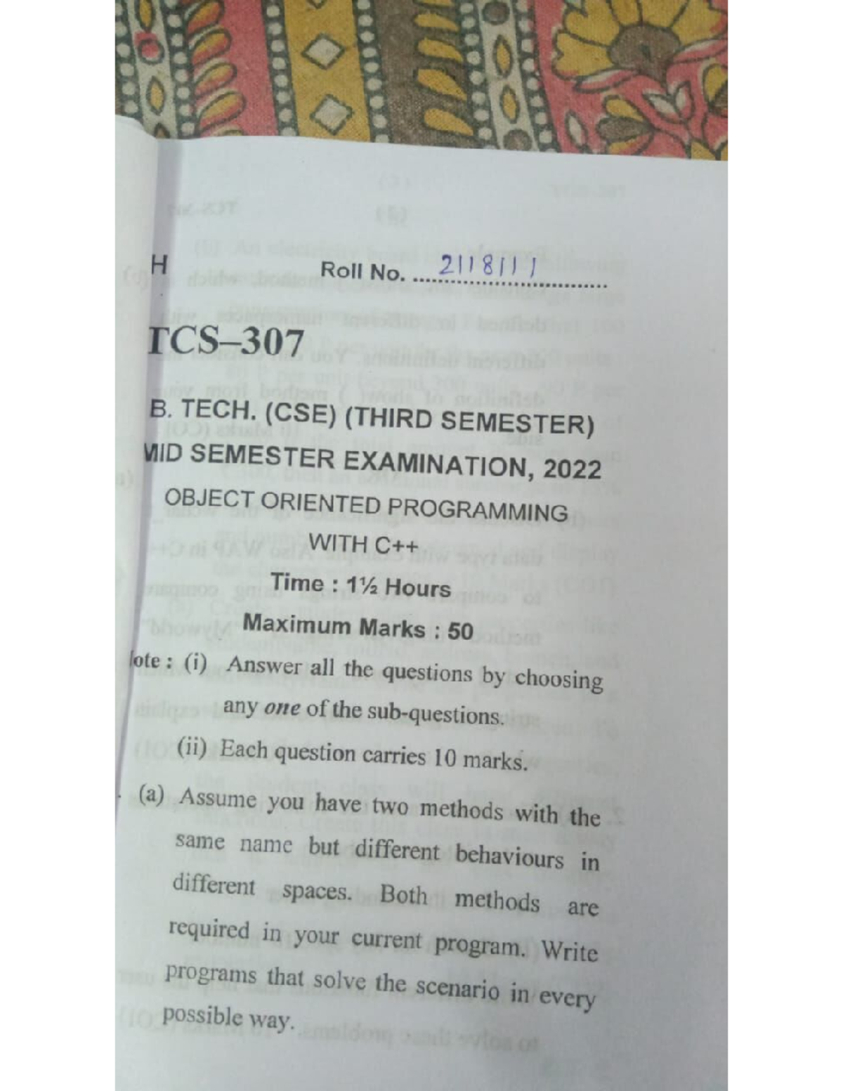 C++ mid - This is Question Paper on C++ Programming Language. - H Roll ...