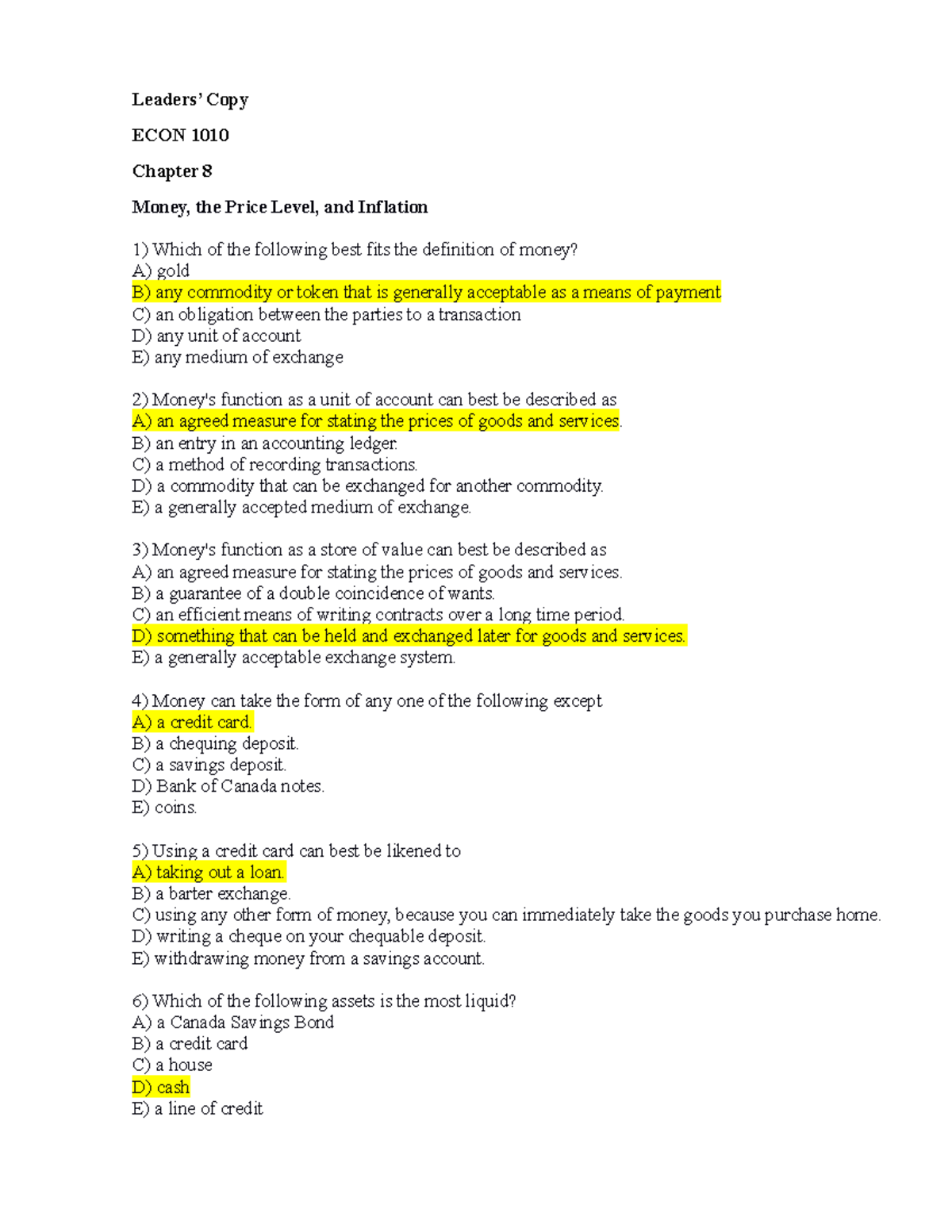 Chapter 8 Worksheet - Excercise - Leaders’ Copy ECON 1010 Chapter 8 ...