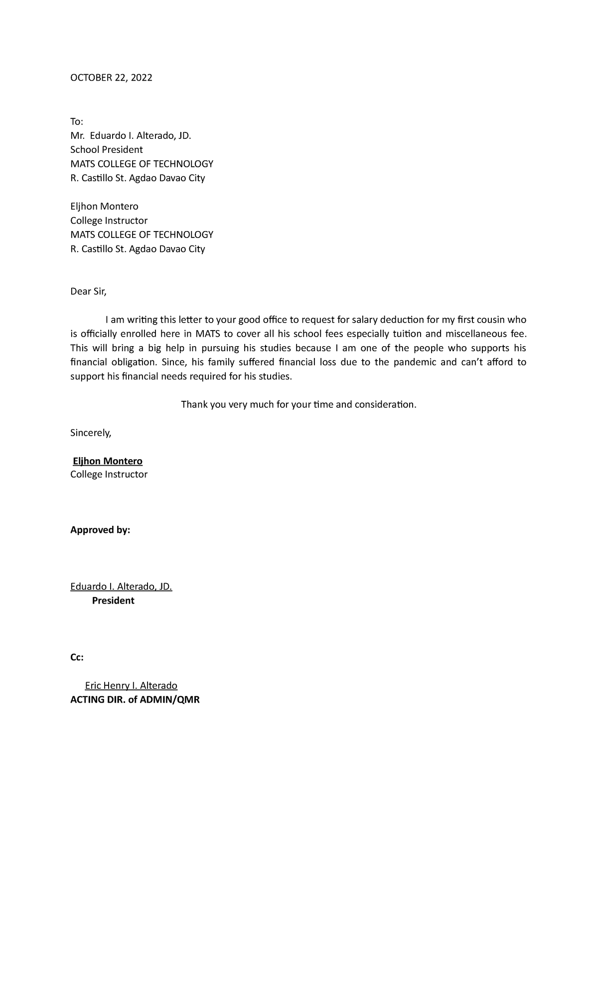 SD - DONE - OCTOBER 22, 2022 To: Mr. Eduardo I. Alterado, JD. School ...