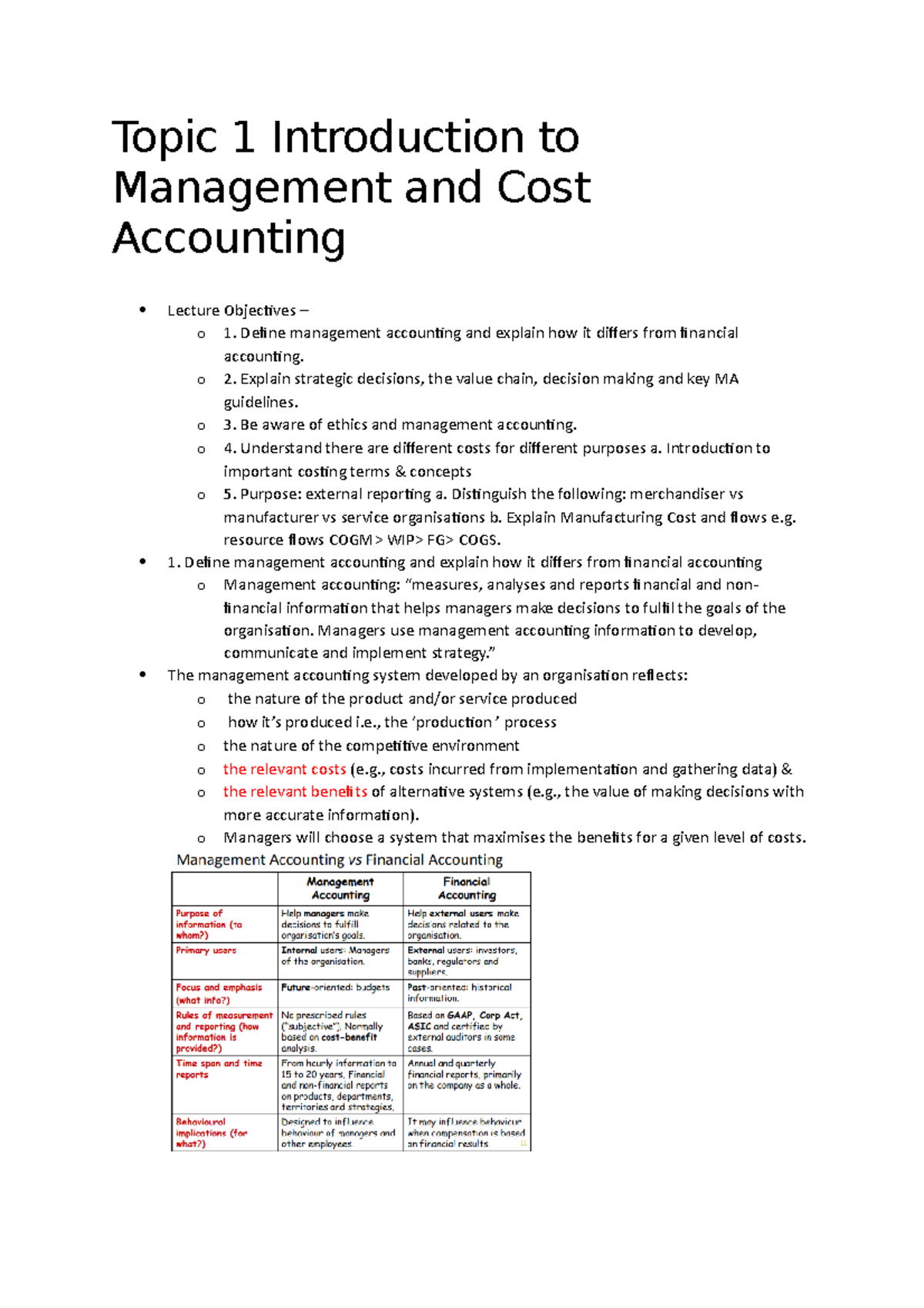 Topic 1 Introduction to Management and Cost Accounting Topic 1