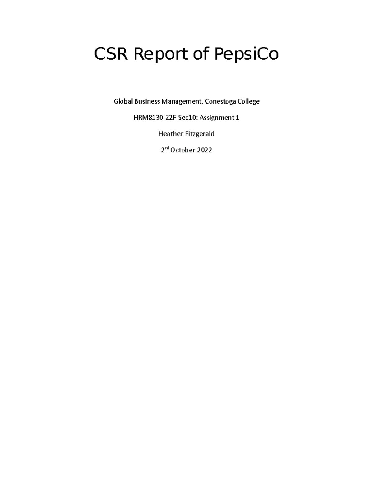 HRM Assignment 1 HRM CSR Report CSR Report of PepsiCo Global