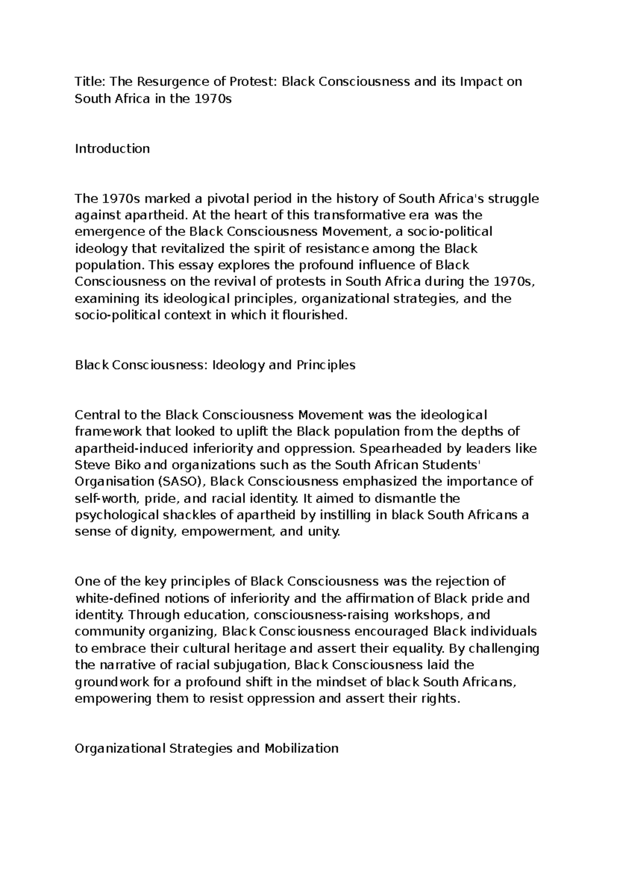 Black consciousness essay - Title: The Resurgence of Protest: Black ...