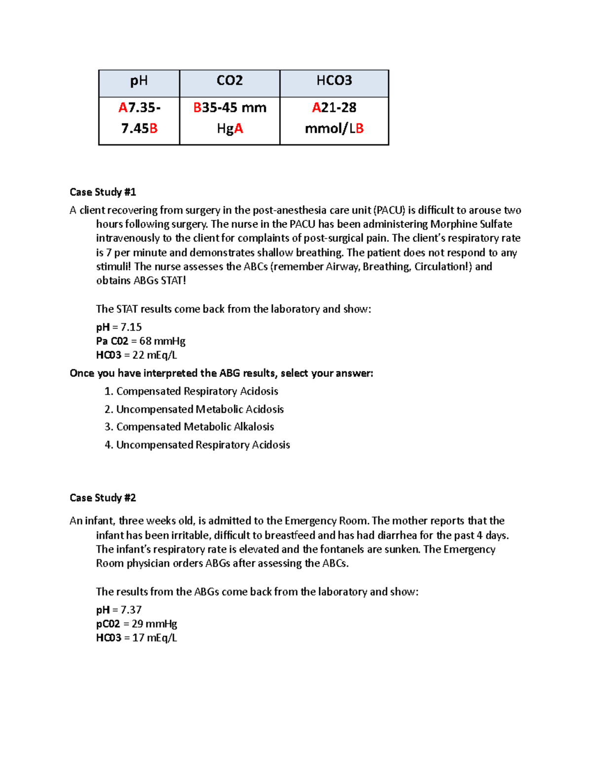NURS 4700 Lesson 2 Acid base balance questions for students pH CO2
