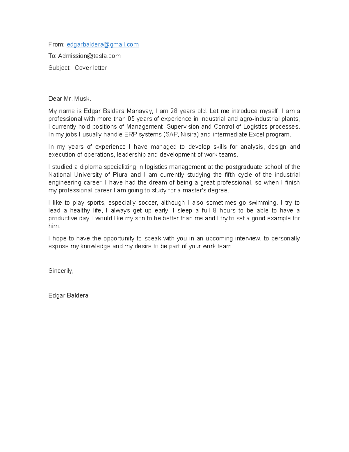 Cover Letter - Carta De Presentacion - From: Edgarbaldera@gmail To 