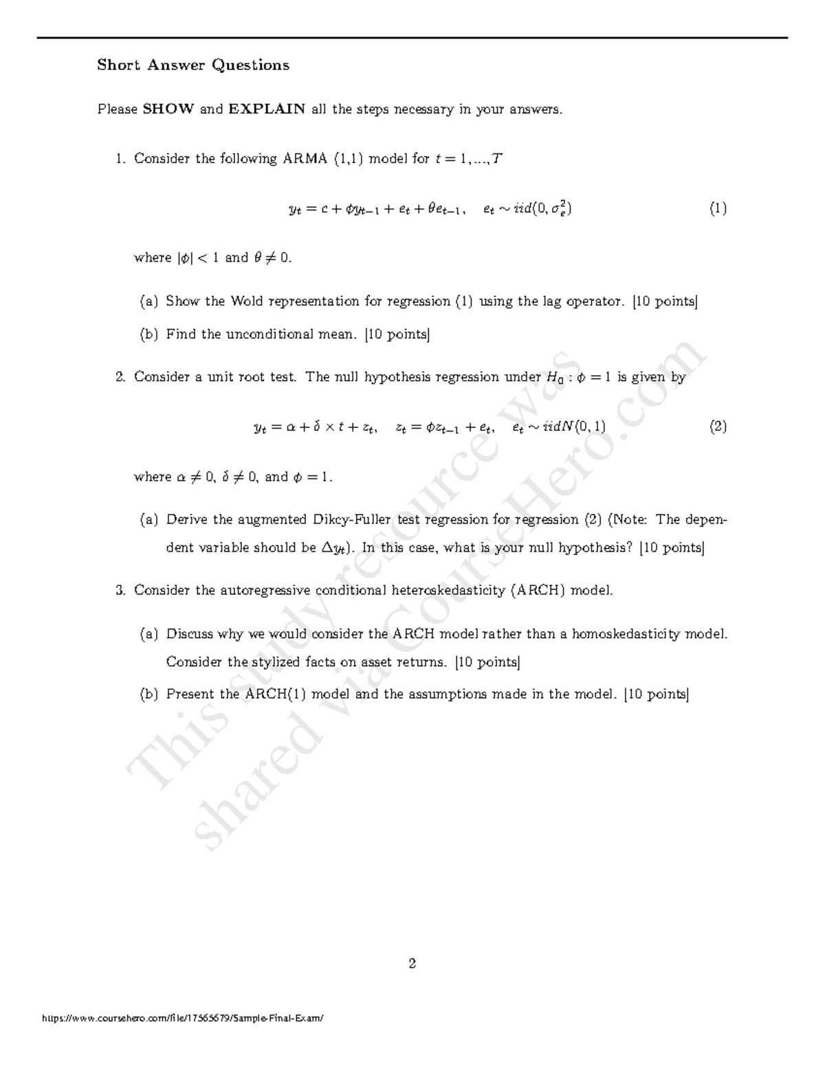 Sample of Final Exam 2018 Questions - Short Answer Questions ...