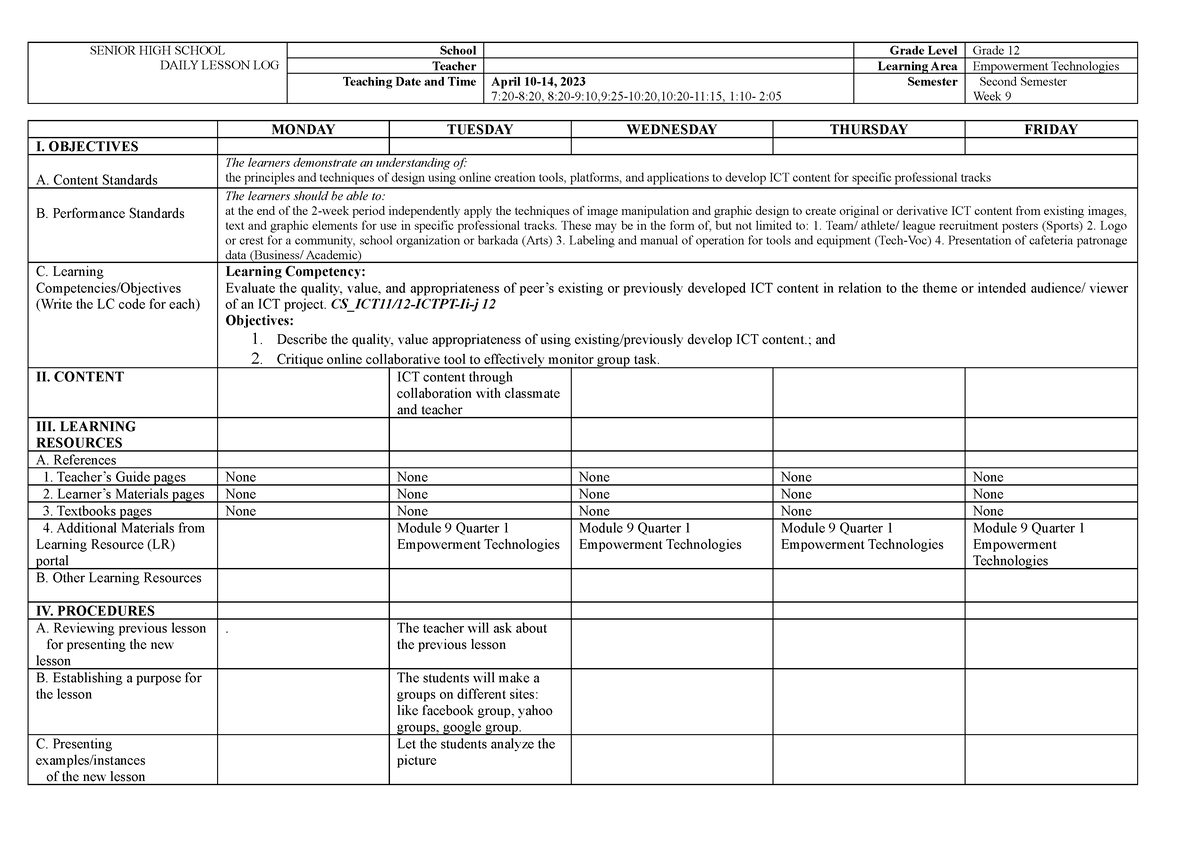 Quarter 1 Week 9 - E- Tech - SENIOR HIGH SCHOOL DAILY LESSON LOG School ...