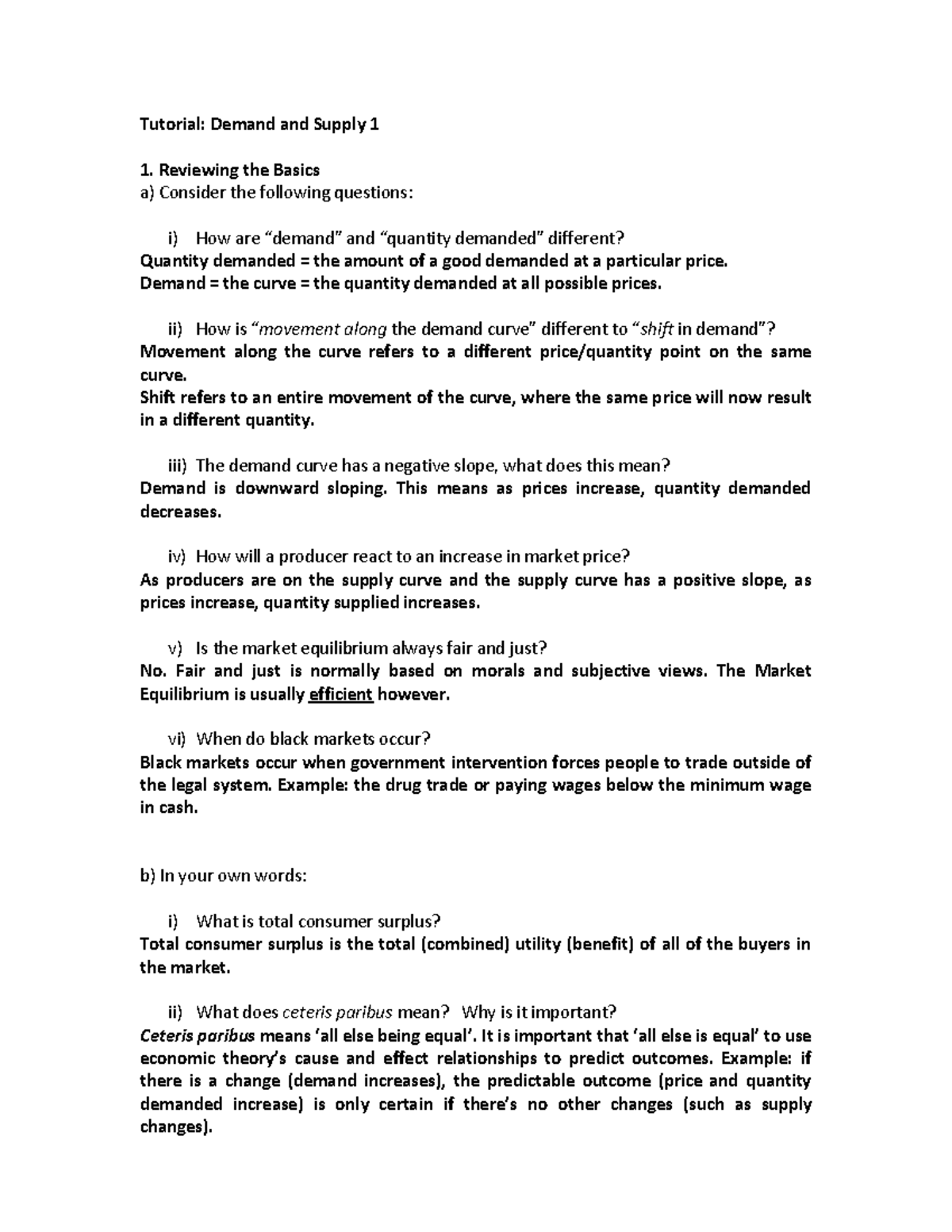 Tutorial 3 Answers Supply and Demand I Tutorial Demand and Supply 1