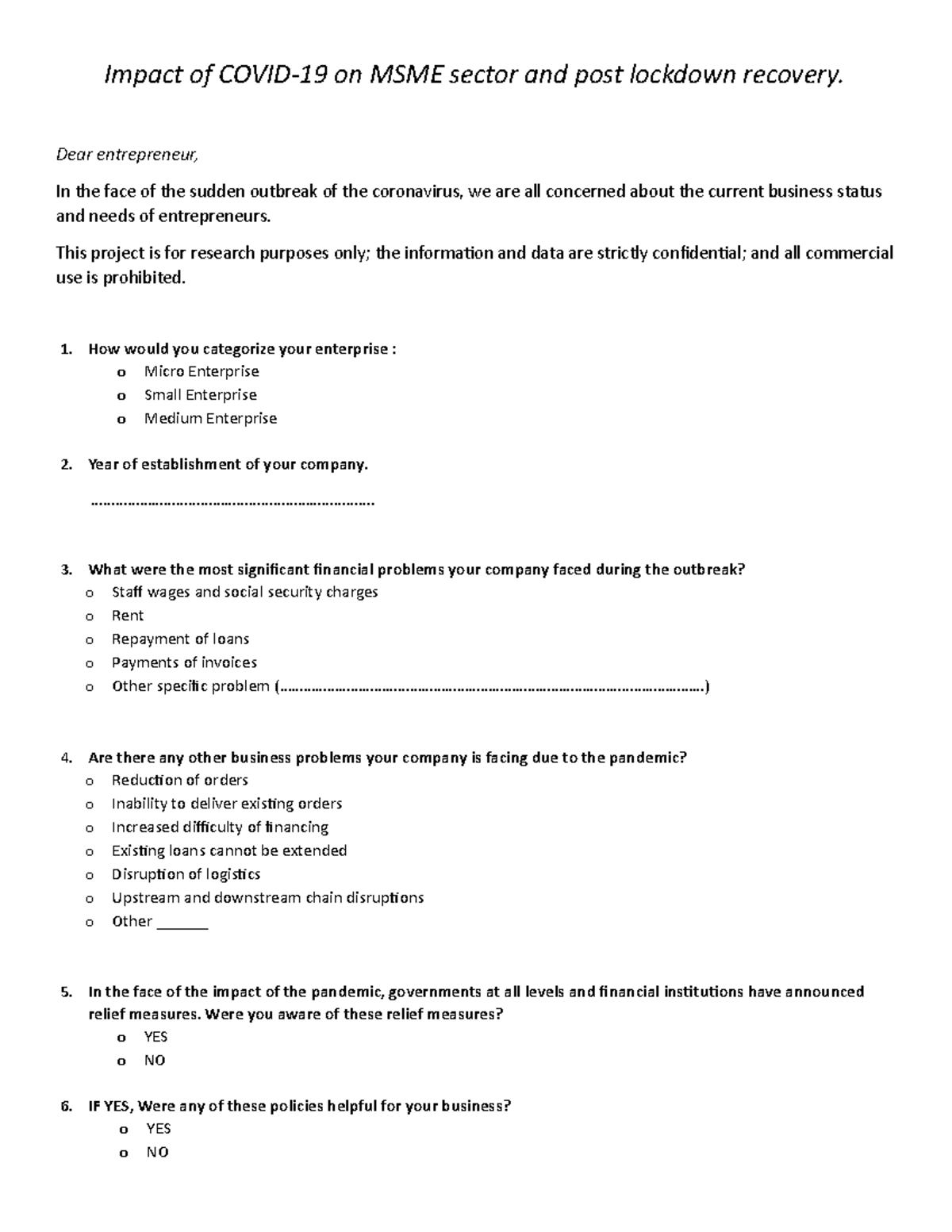 BRM questionnaire - MBA - Impact of COVID-19 on MSME sector and post ...