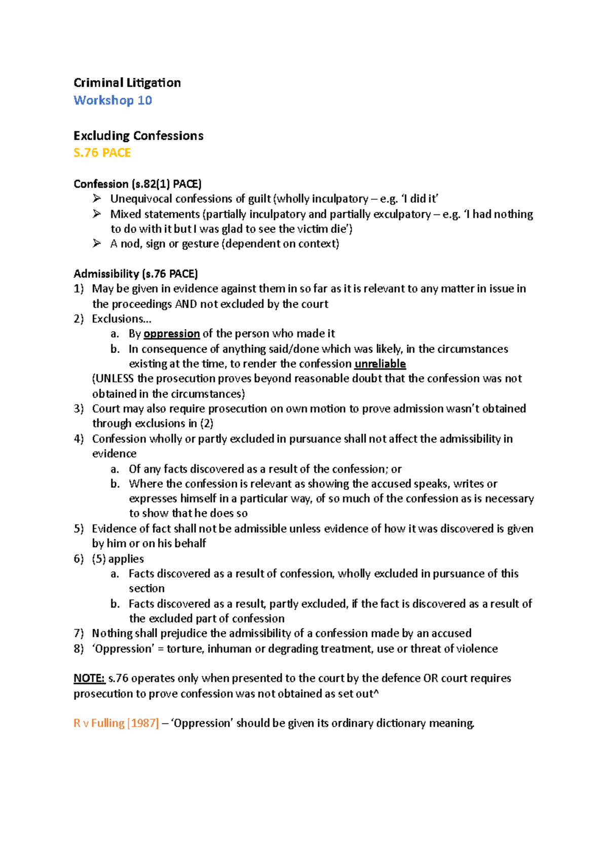 (W10) Excluding Confessions - Criminal Litigation Workshop 10 Excluding ...