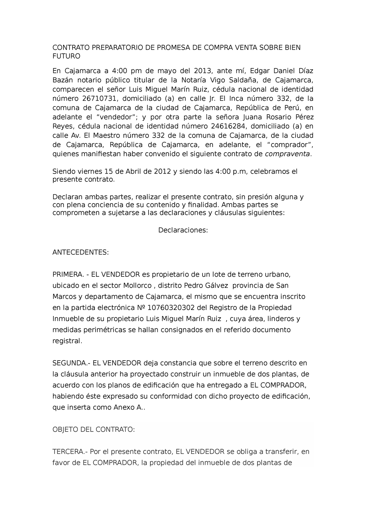 Modelo DE Contrato DE Promesa DE Compra Venta - CONTRATO PREPARATORIO ...