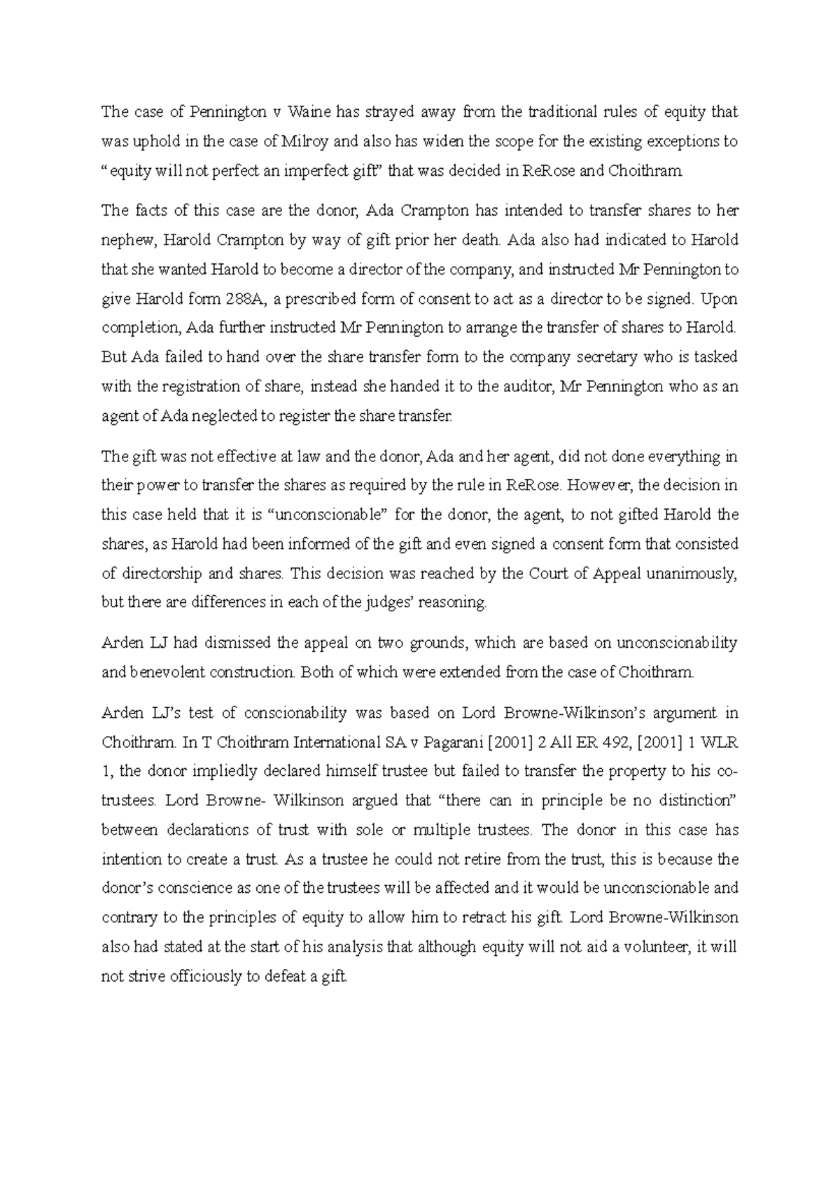 Equity case pennington Arden LJ The case of Pennington v Waine has