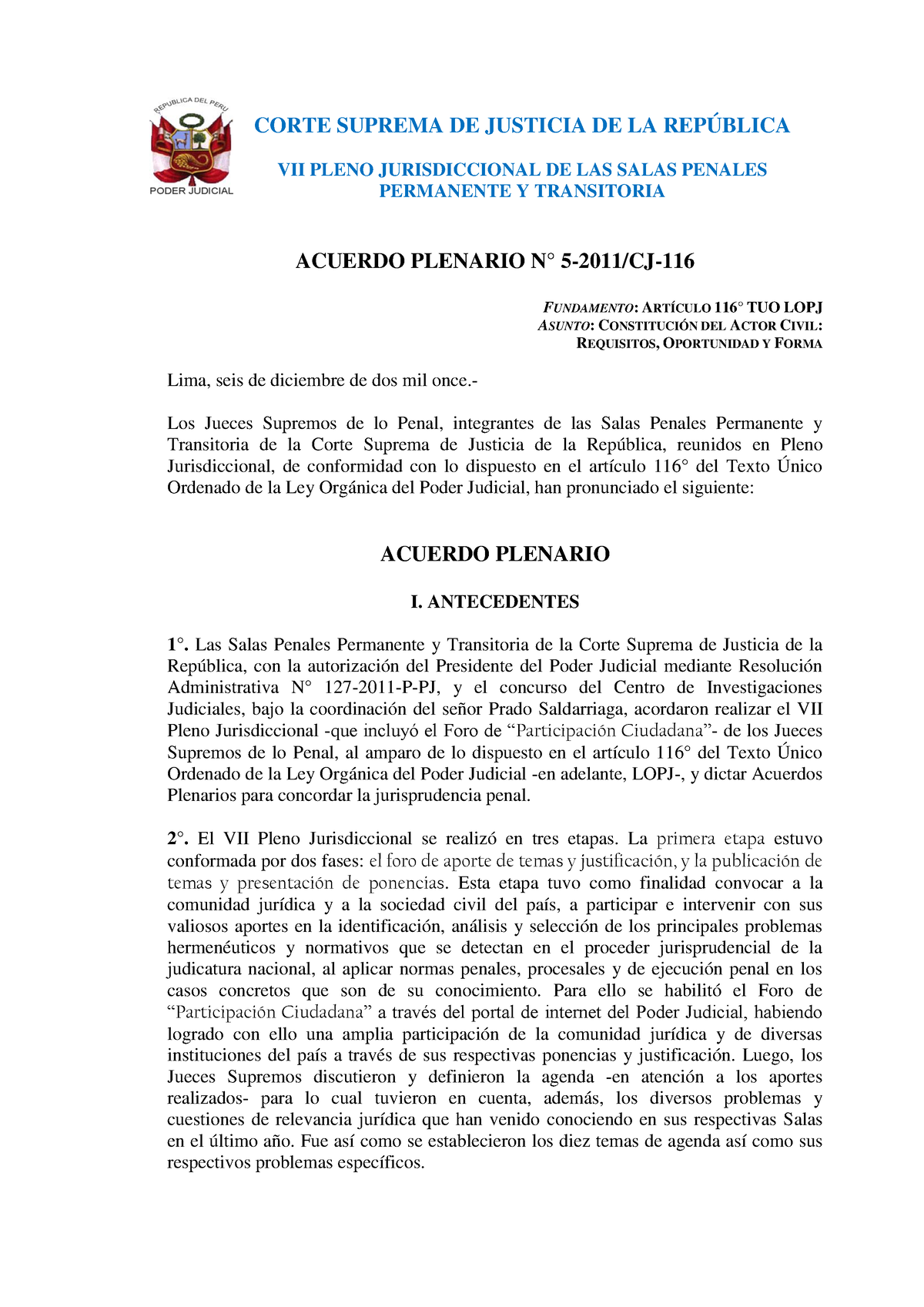 Acuerdo Plenario N° 5-2011 - Actor Civil - VII PLENO JURISDICCIONAL DE ...