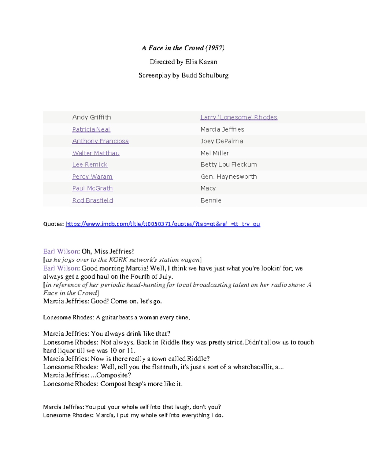 A Face in the Crowd Movie Review Handout A Face in the Crowd (1957