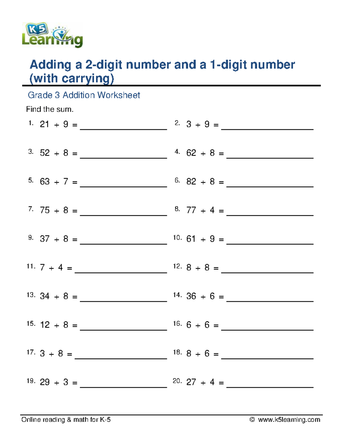 Grade 3 adding 2 digit plus 1 digit a - Online reading & math for K-5 ...