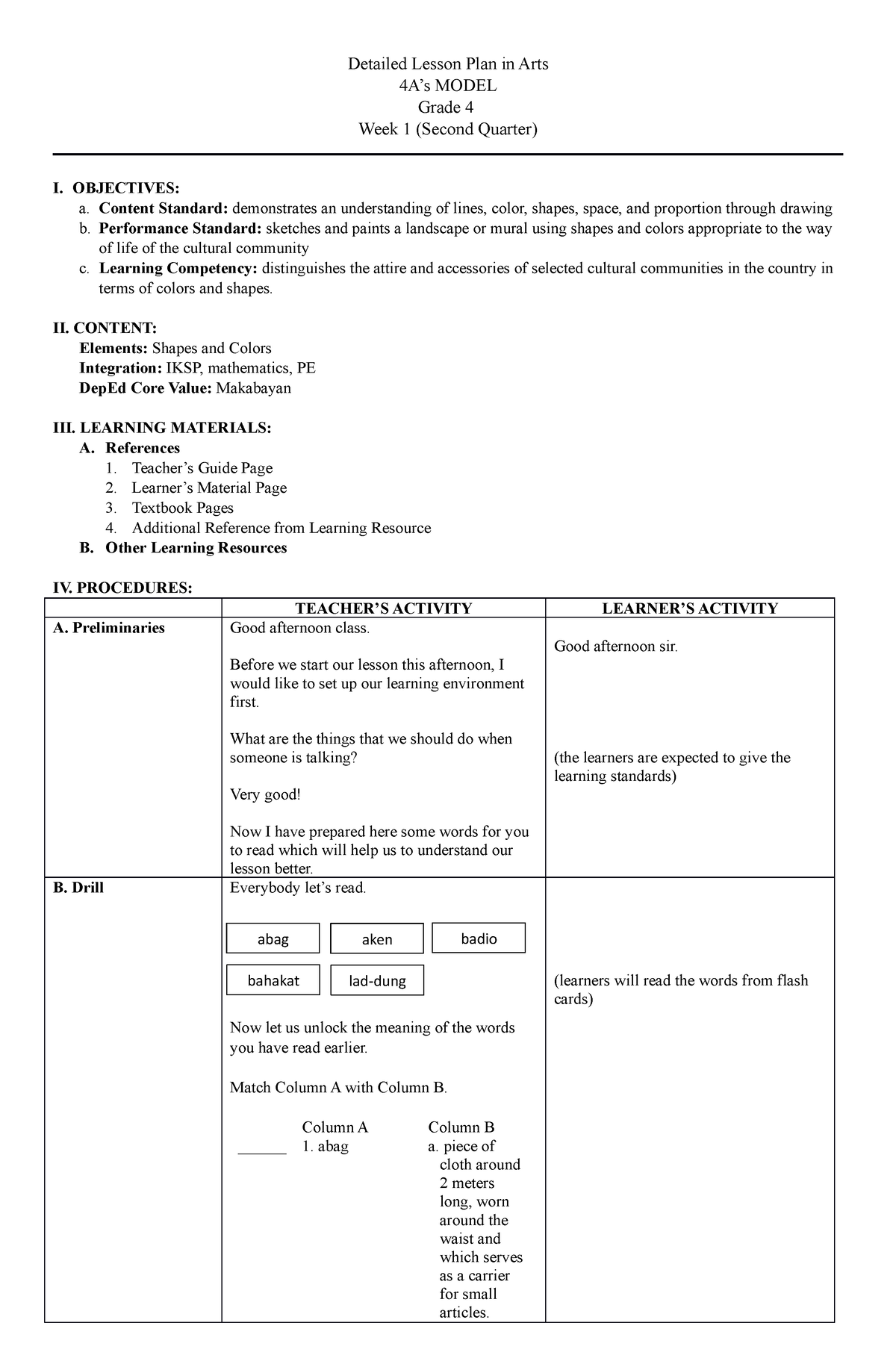 Detailed Lesson Plan In Arts - Detailed Lesson Plan In Arts 4A’s MODEL ...