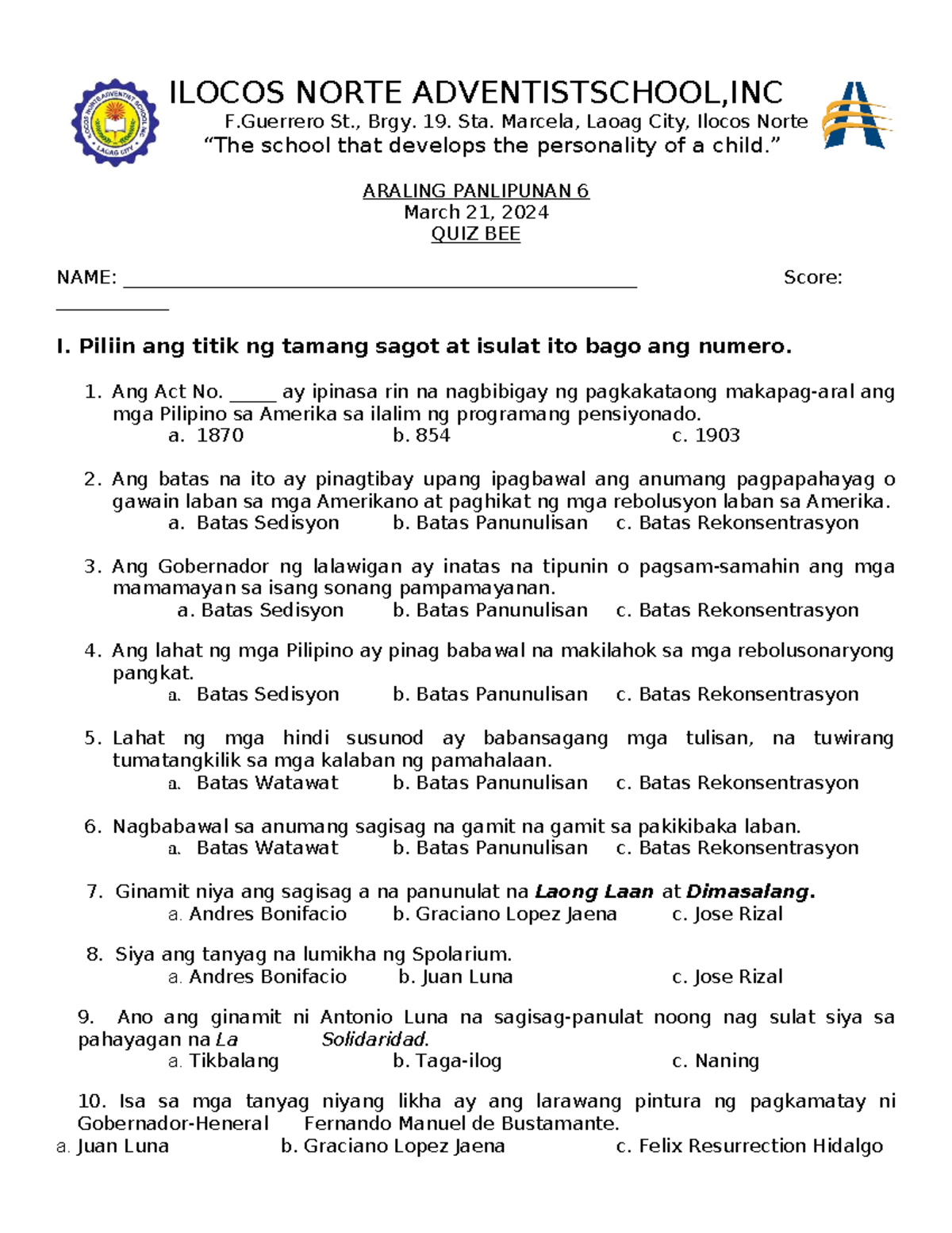 AP QUIZ BEE - ILOCOS NORTE ADVENTISTSCHOOL,INC F St., Brgy. 19. Sta ...