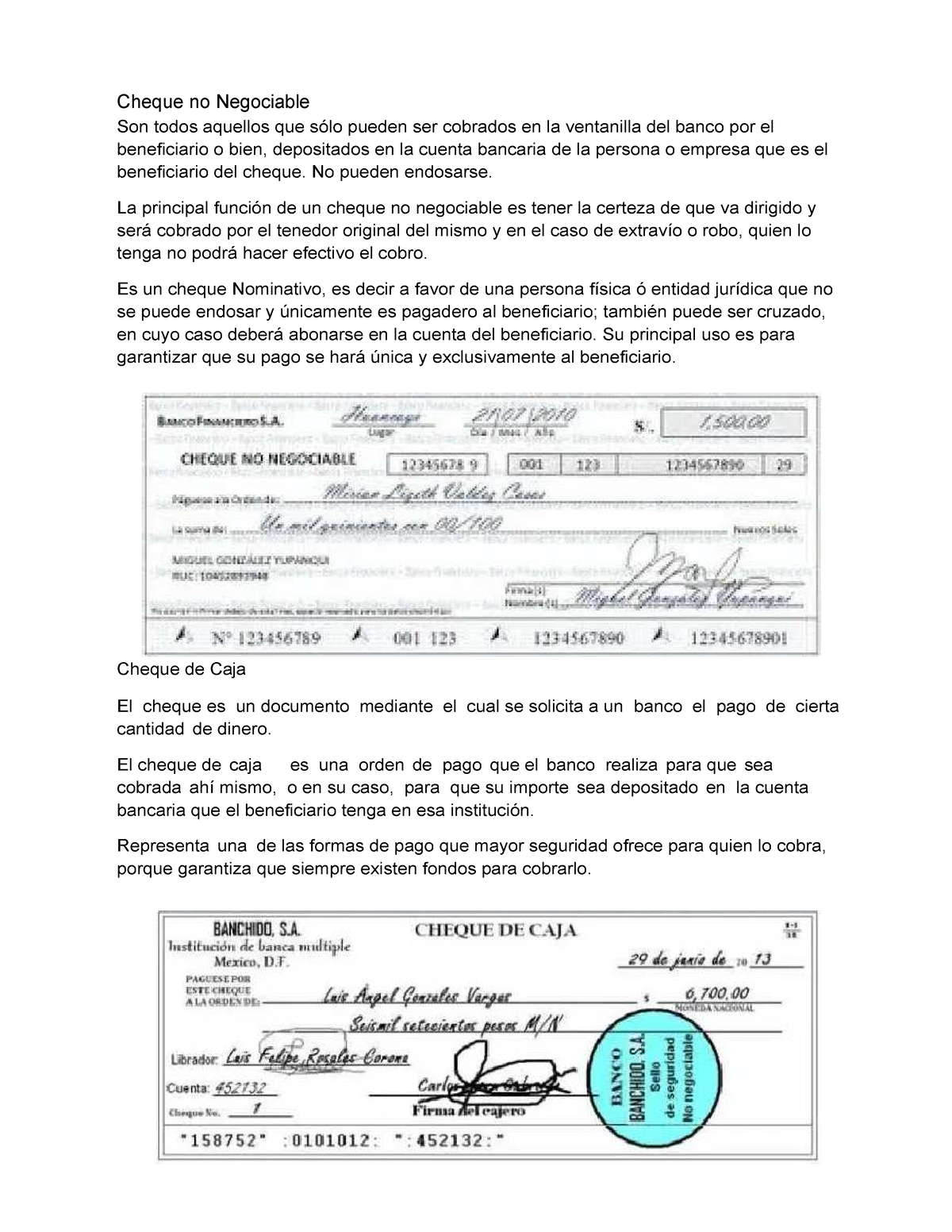 Tipos De Cheques Cheque No Negociable Son Todos Aquellos Que Sólo Pueden Ser Cobrados En La 4418