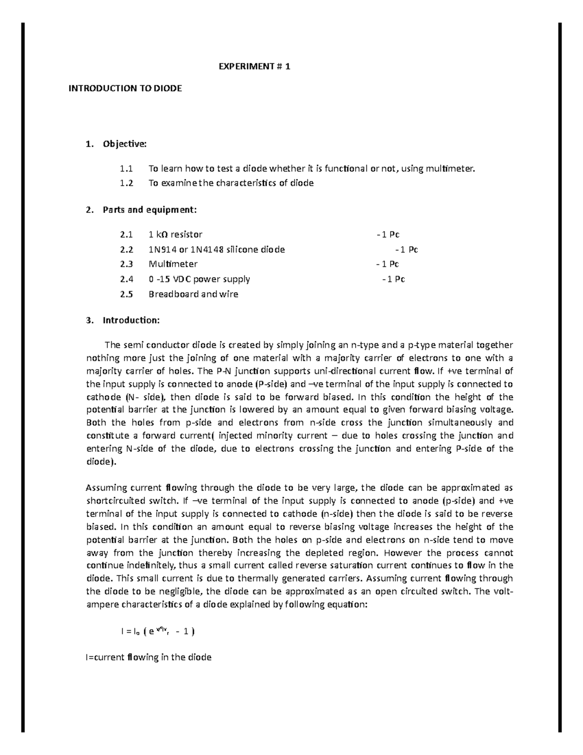 Electronic circuit lab no 1 - EXPERIMENT # 1 INTRODUCTION TO DIODE 1 ...