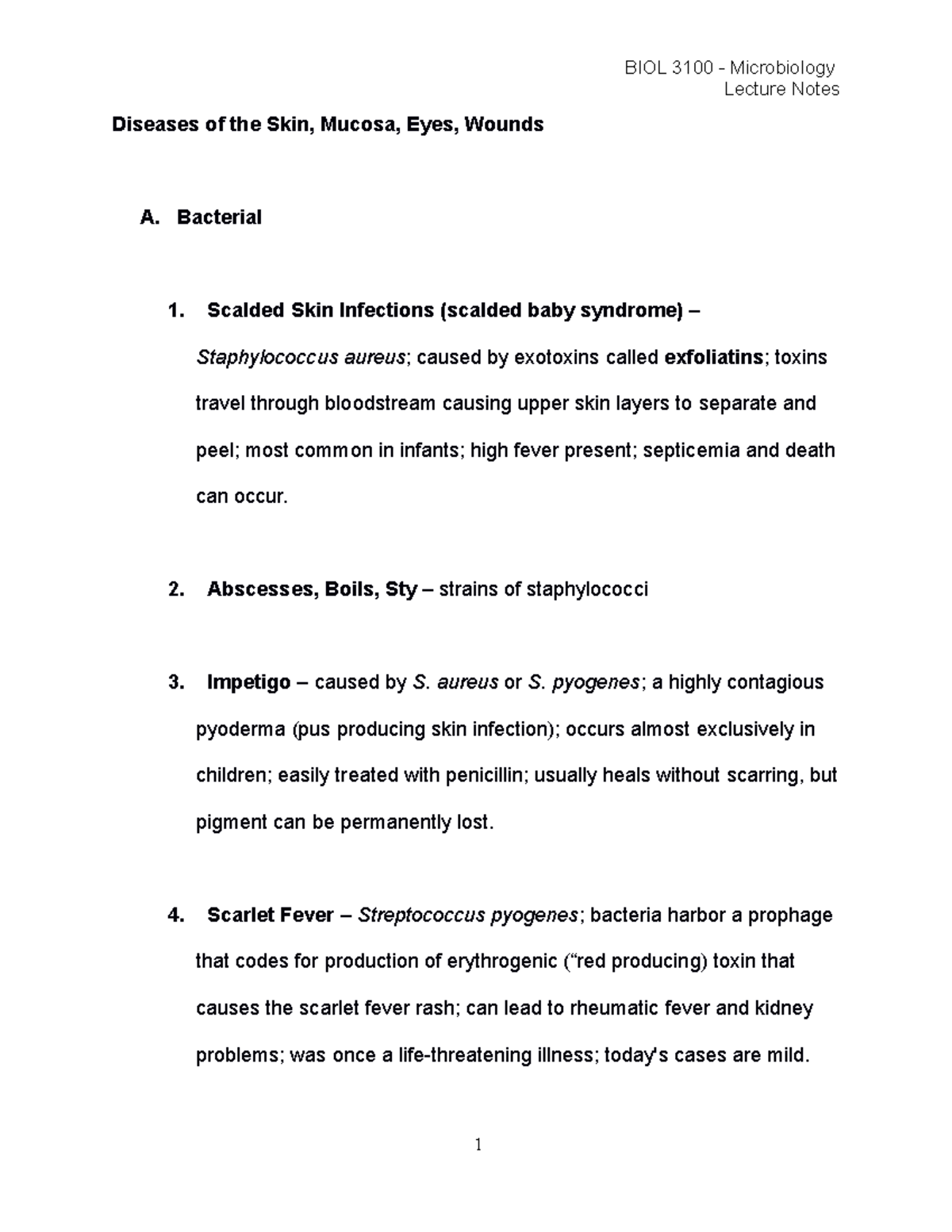 2021-Microbiology-Lecture-Notes-BIOL-3100- Diseases of the Skin, Mucosa ...