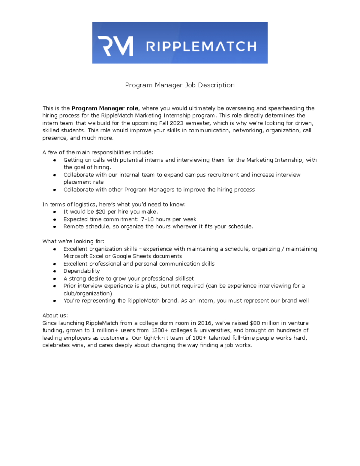 Program Manager Job Description This role directly determines the