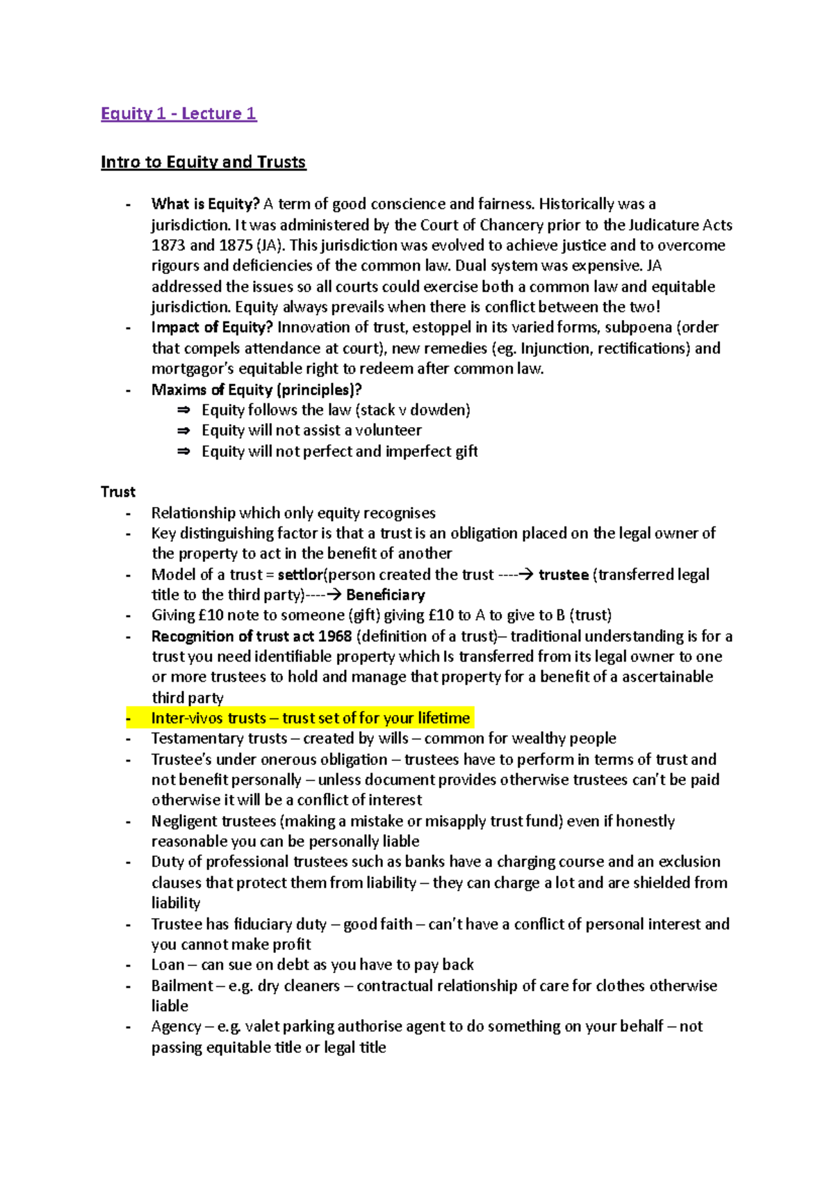 Equity 1 - Lecture notes 1-10 - Equity 1 - Lecture 1 Intro to Equity ...