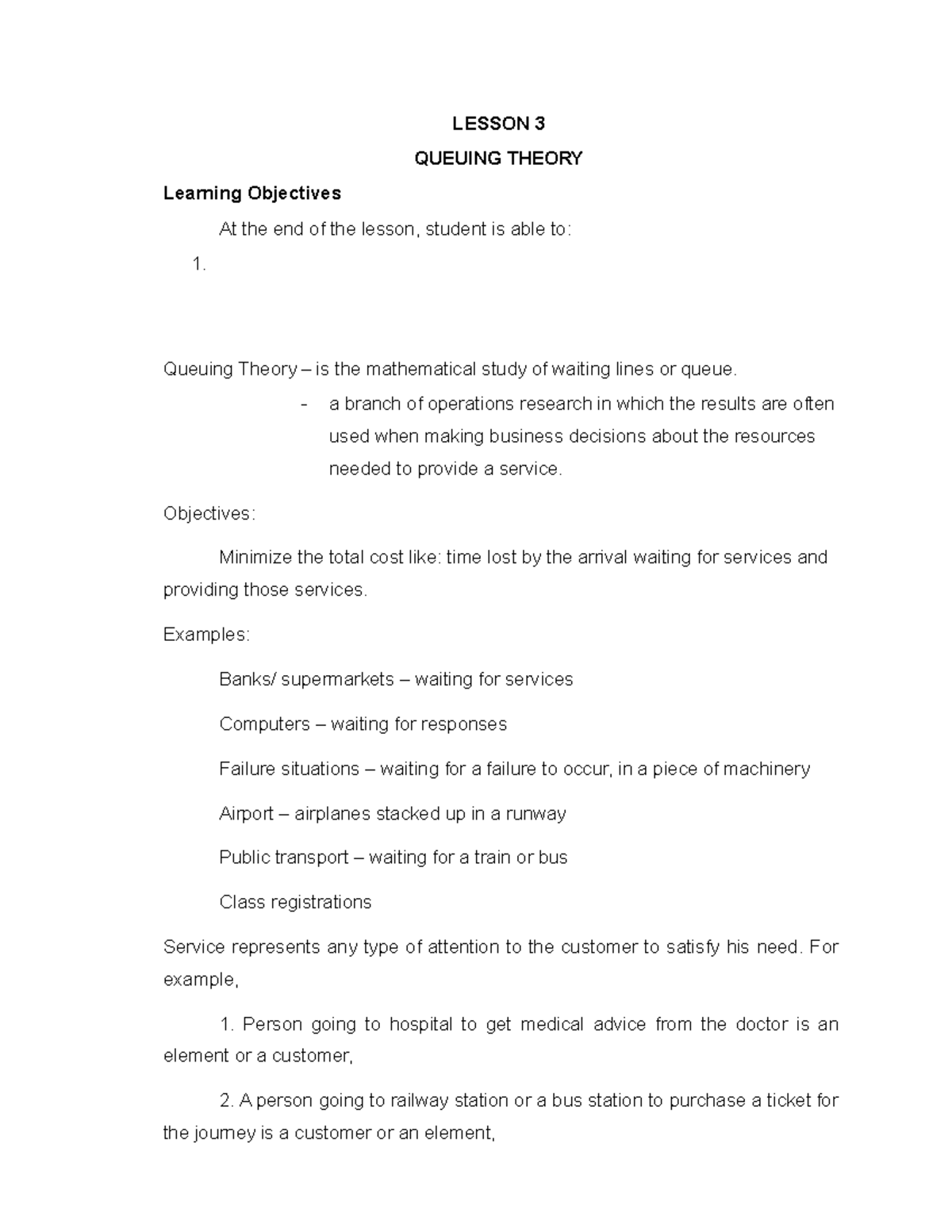 Lesson 2 Queuing Theory - LESSON 3 QUEUING THEORY Learning Objectives ...