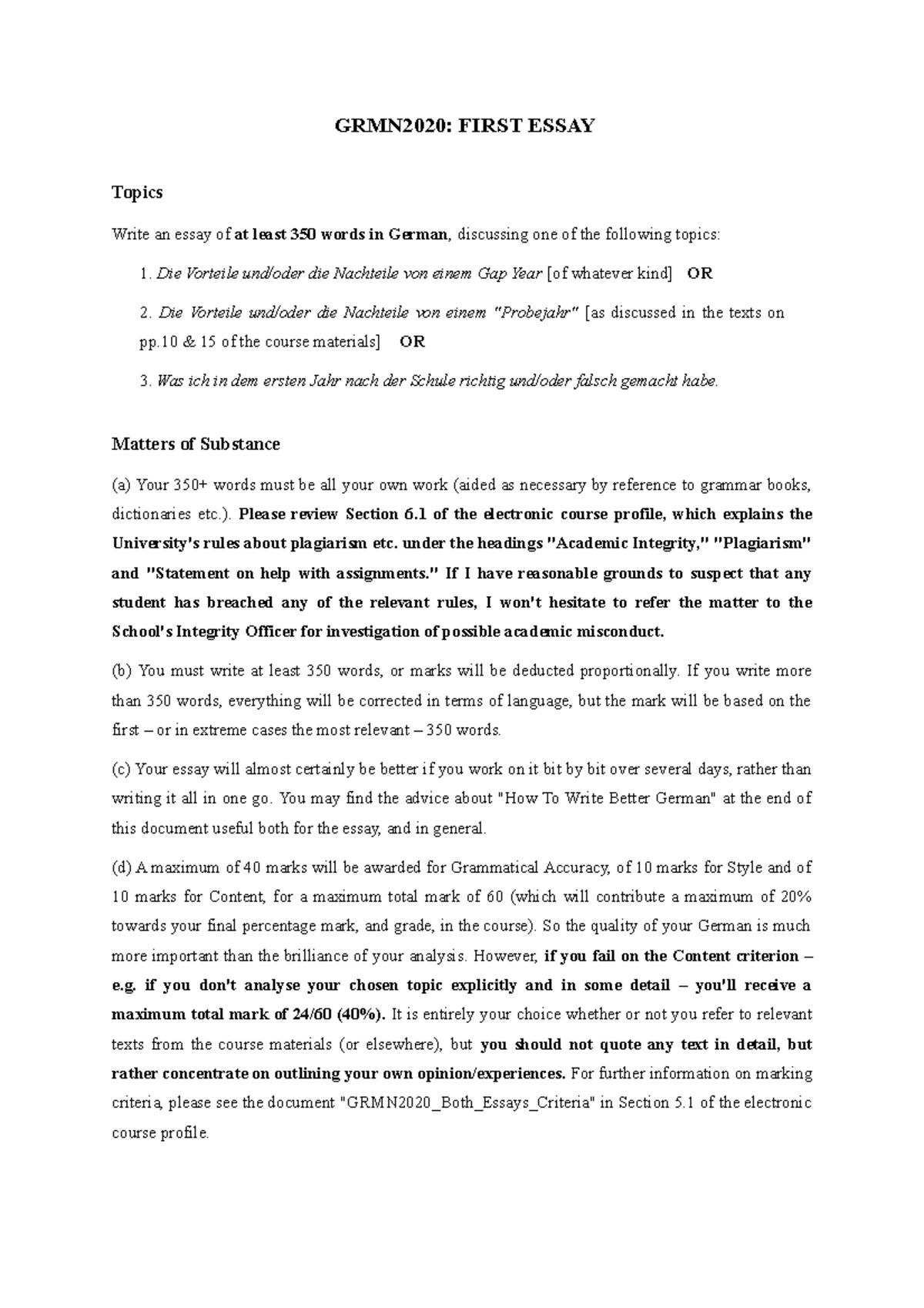 GRMN2020 First Essay(2) - GRMN2020: FIRST ESSAY Topics Write an essay ...