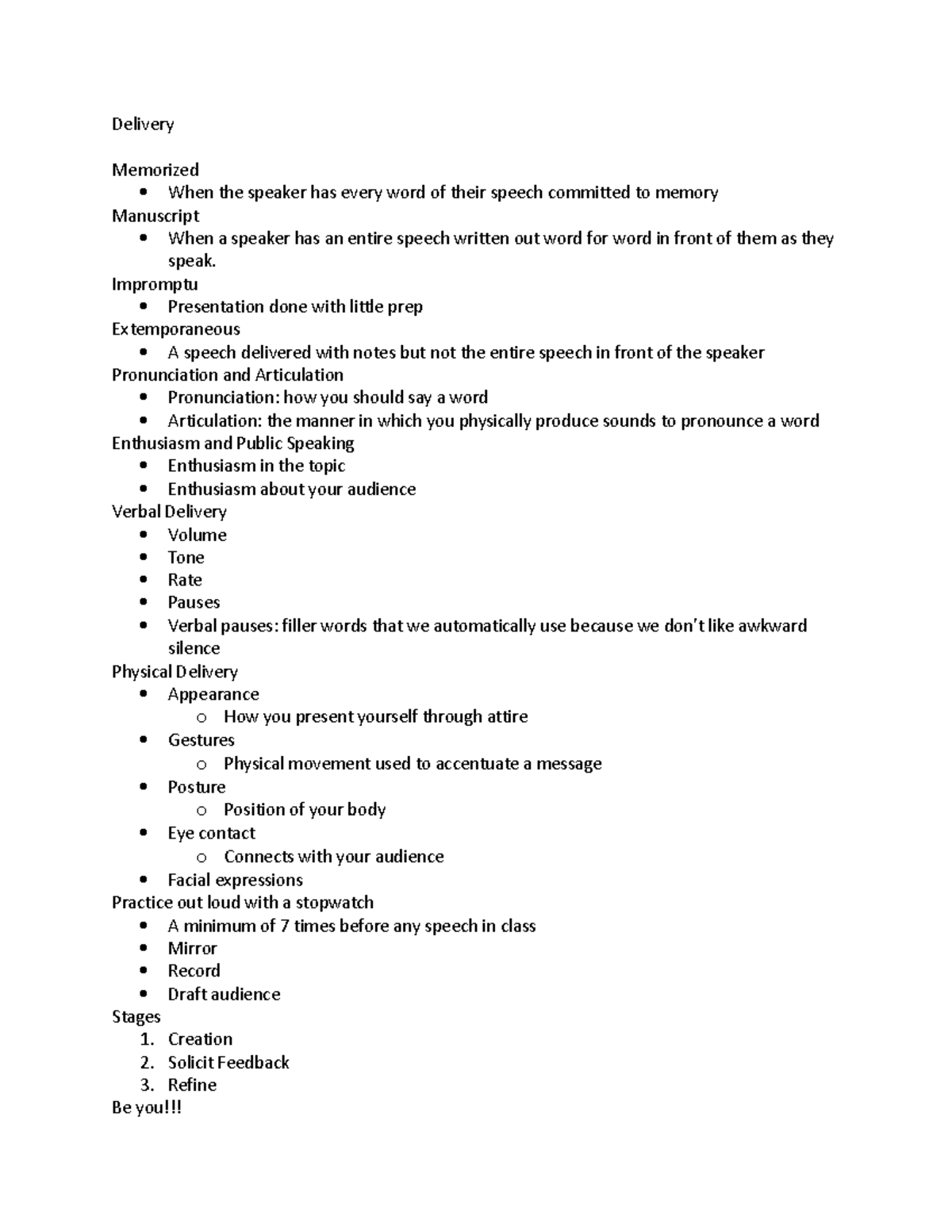 Delivery - class notes from Ratliff - Delivery Memorized When the ...