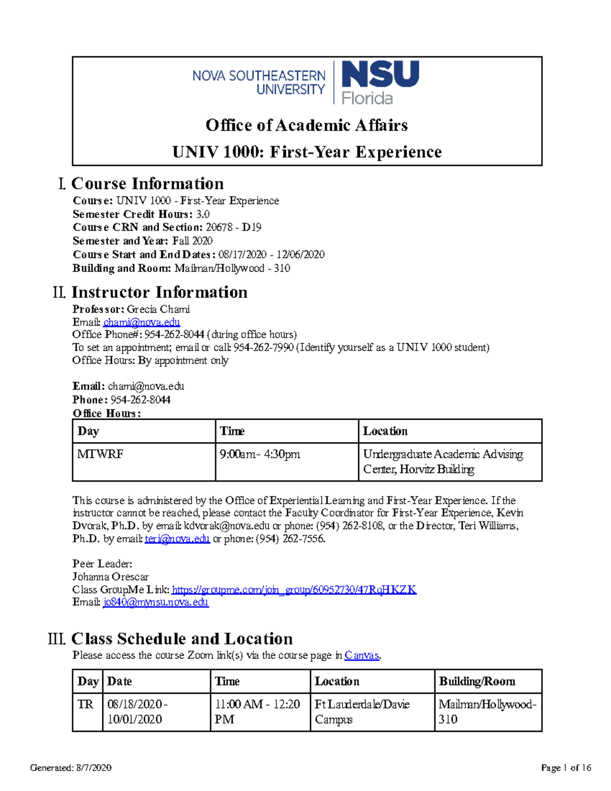 UNIV 1000 Syllabus - Office of Academic Affairs UNIV 1000: First-Year  Experience I Information - Studocu