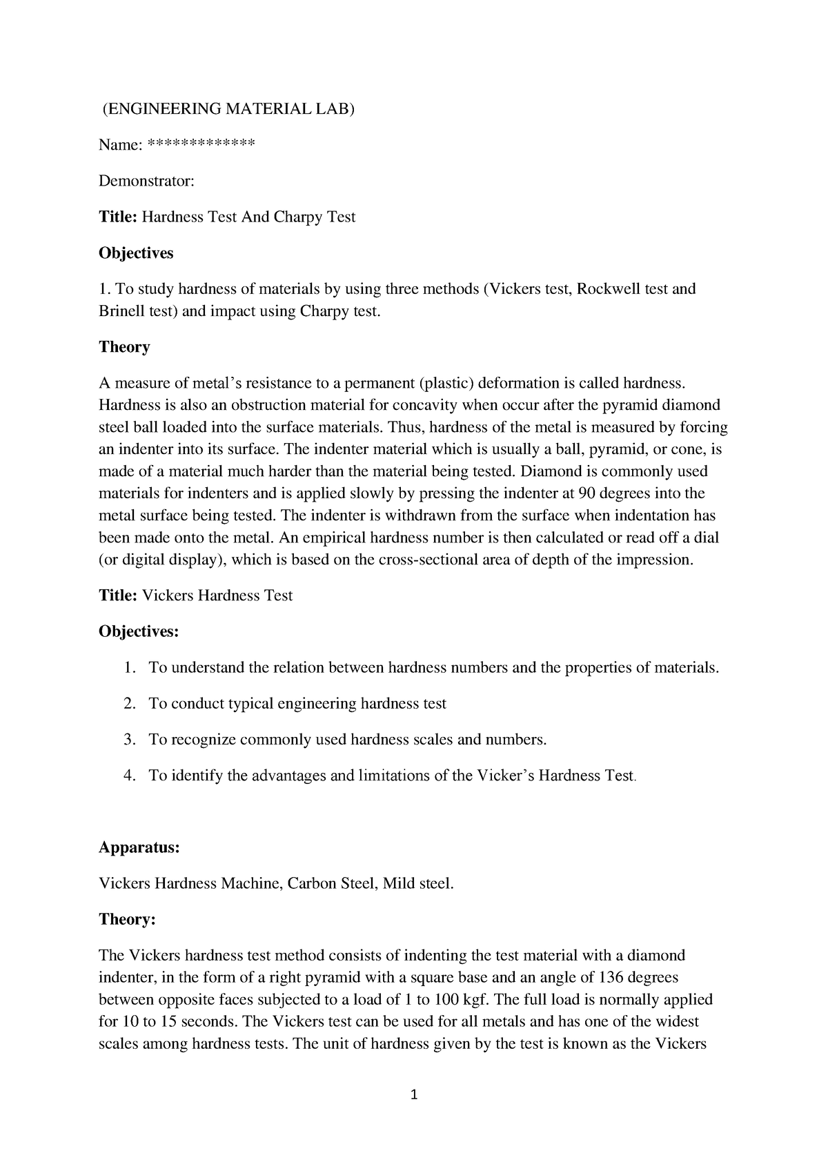 Hardness Test AND Charpy Impact Test - (ENGINEERING MATERIAL LAB) Name ...