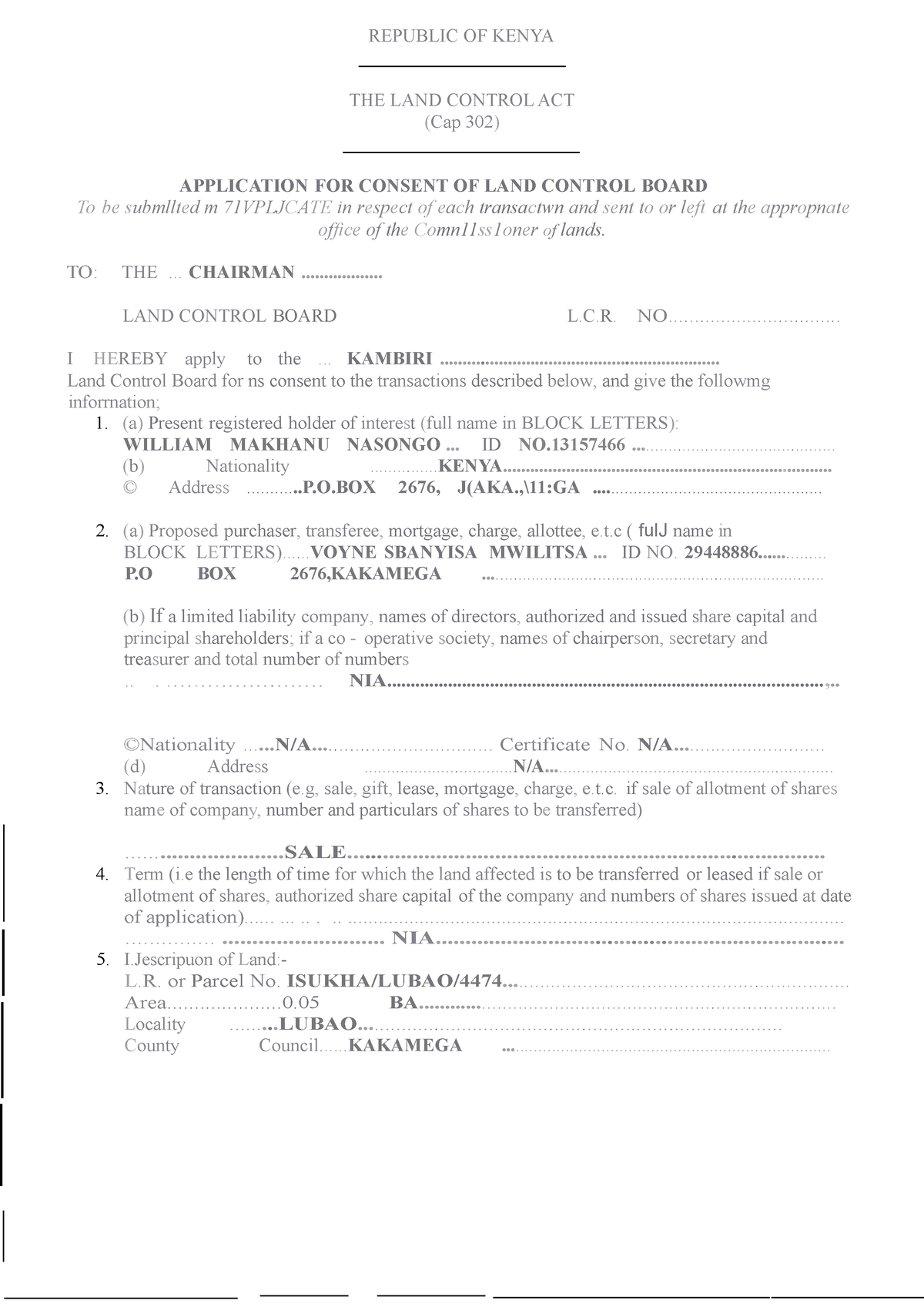 Pex REPUBLIC OF KENYA THE LAND CONTROL ACT Cap 302 APPLICATION FOR   Thumb 1200 1697 