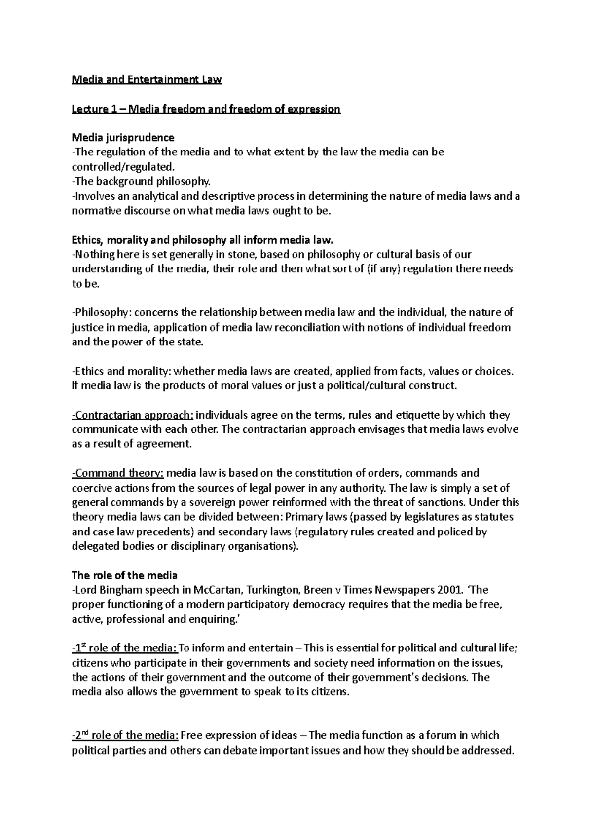 Media and Entertainment Law Revision Notes Media and Entertainment Law Lecture 1 Media