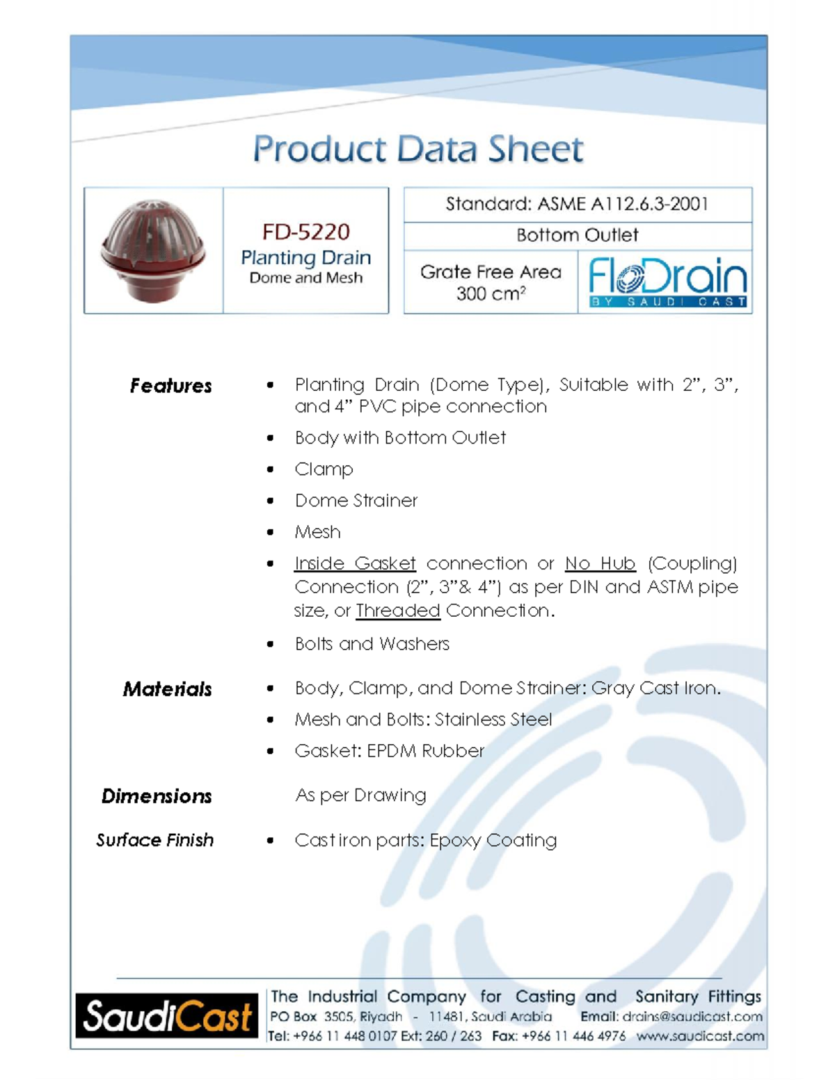 FD 5220 Data Sheet - engineering reference - Features Planting Drain ...