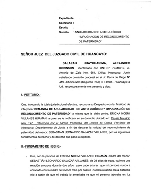 Demanda DE Anulabilidad DE AJ - Impugnacion DE Reconocimiento Paternidad -  Expediente: Secretario : - Studocu