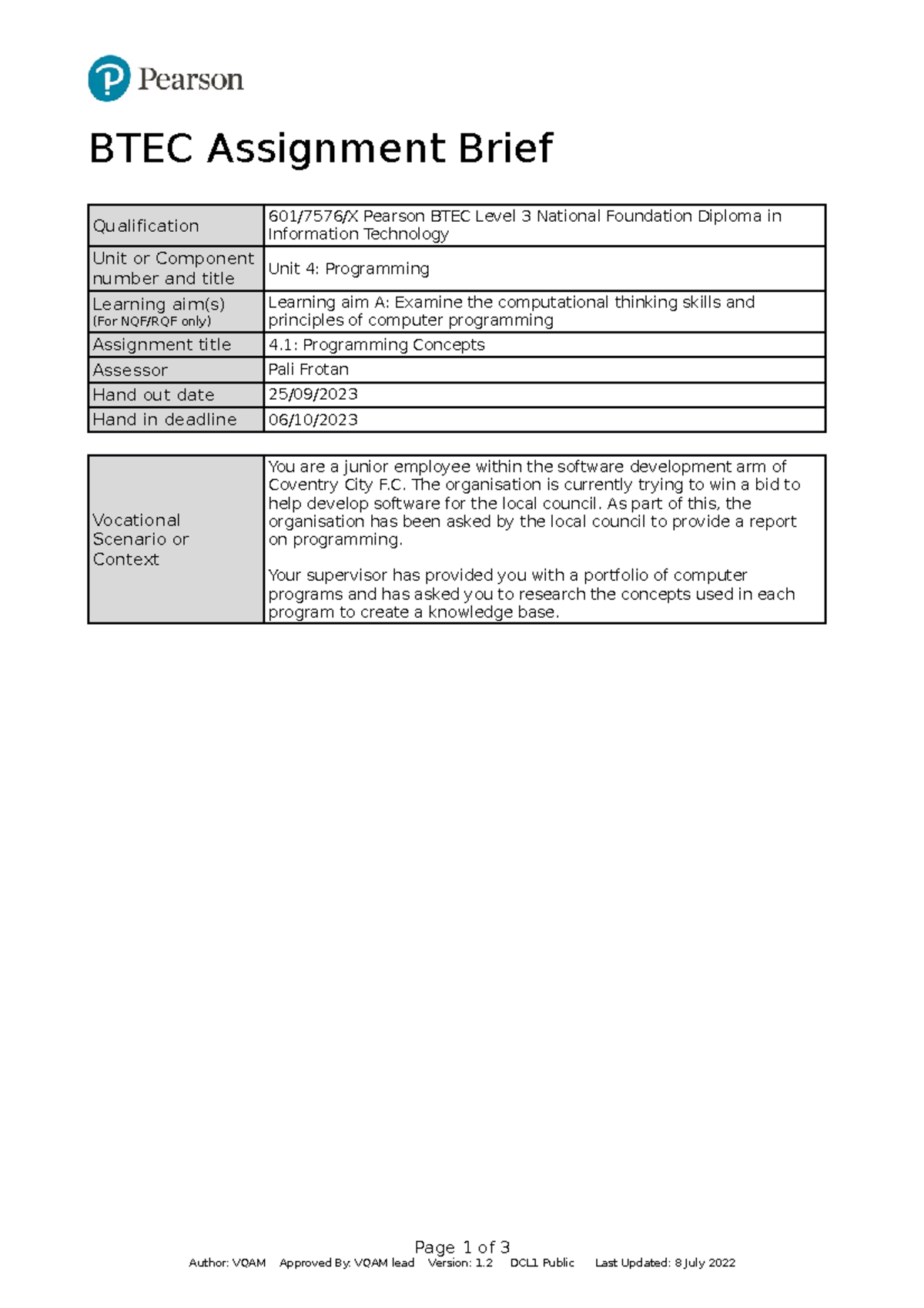 btec iv of assignment brief