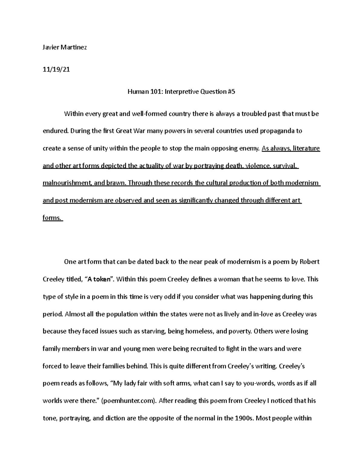 Interpretive Question #5-1 - Javier Martinez 11/19/ Human 101 ...